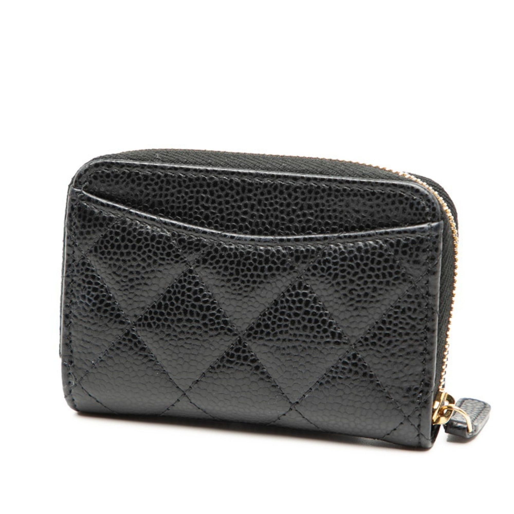 CHANEL Coco Mark Matelasse Classic Zip Coin Purse AP0216 Black Caviar Leather Women's