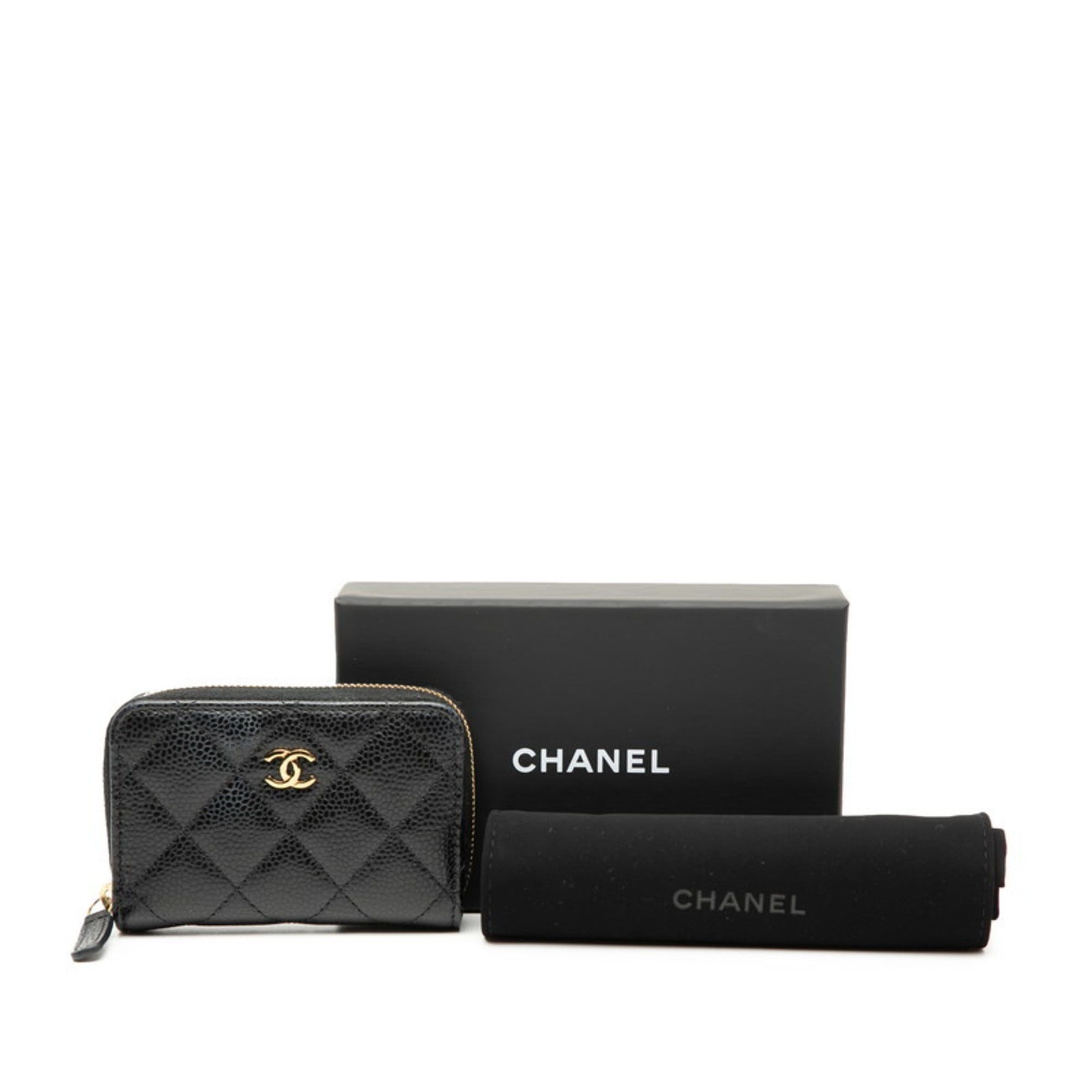 CHANEL Coco Mark Matelasse Classic Zip Coin Purse AP0216 Black Caviar Leather Women's