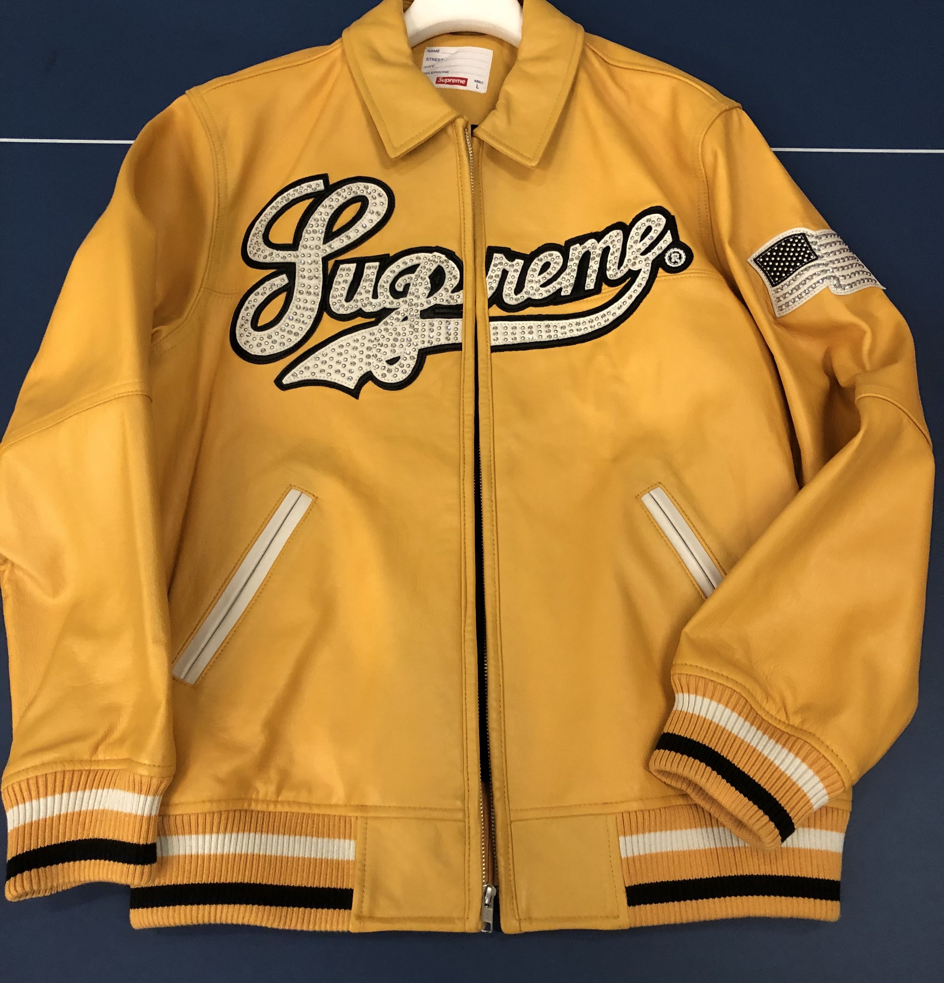 Supreme Uptown Studded Leather Varsity Jacket In Yellow