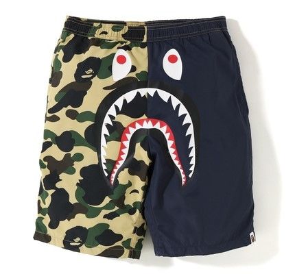 Bape A BATHING APE 1ST CAMO SHARK BEACH PANTS yellow navy bape