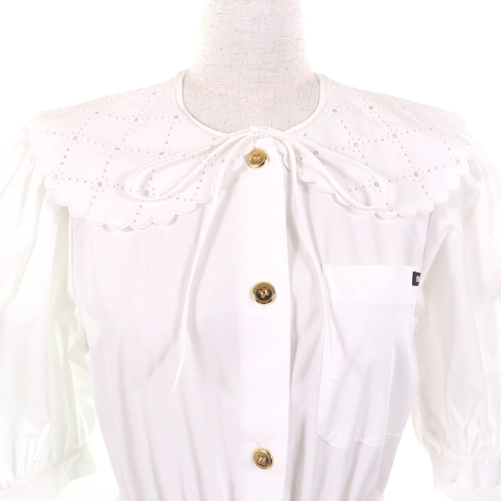 Miu Miu Miu Miu Miu Miu Embroidered collar logo puff sleeve poplin dress Cotton Dresses MF4512 DUTY FREE for USA Size ONE SIZE - 4 Thumbnail