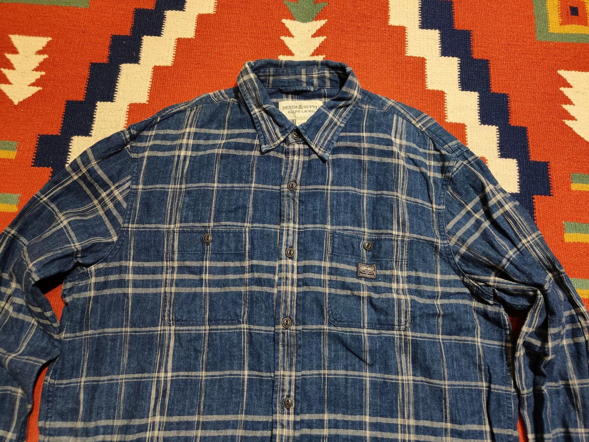 RRL Ralph Lauren Blue Plaid Denim Supply Shirt Size US L / EU 52-54 / 3 - 3 Thumbnail