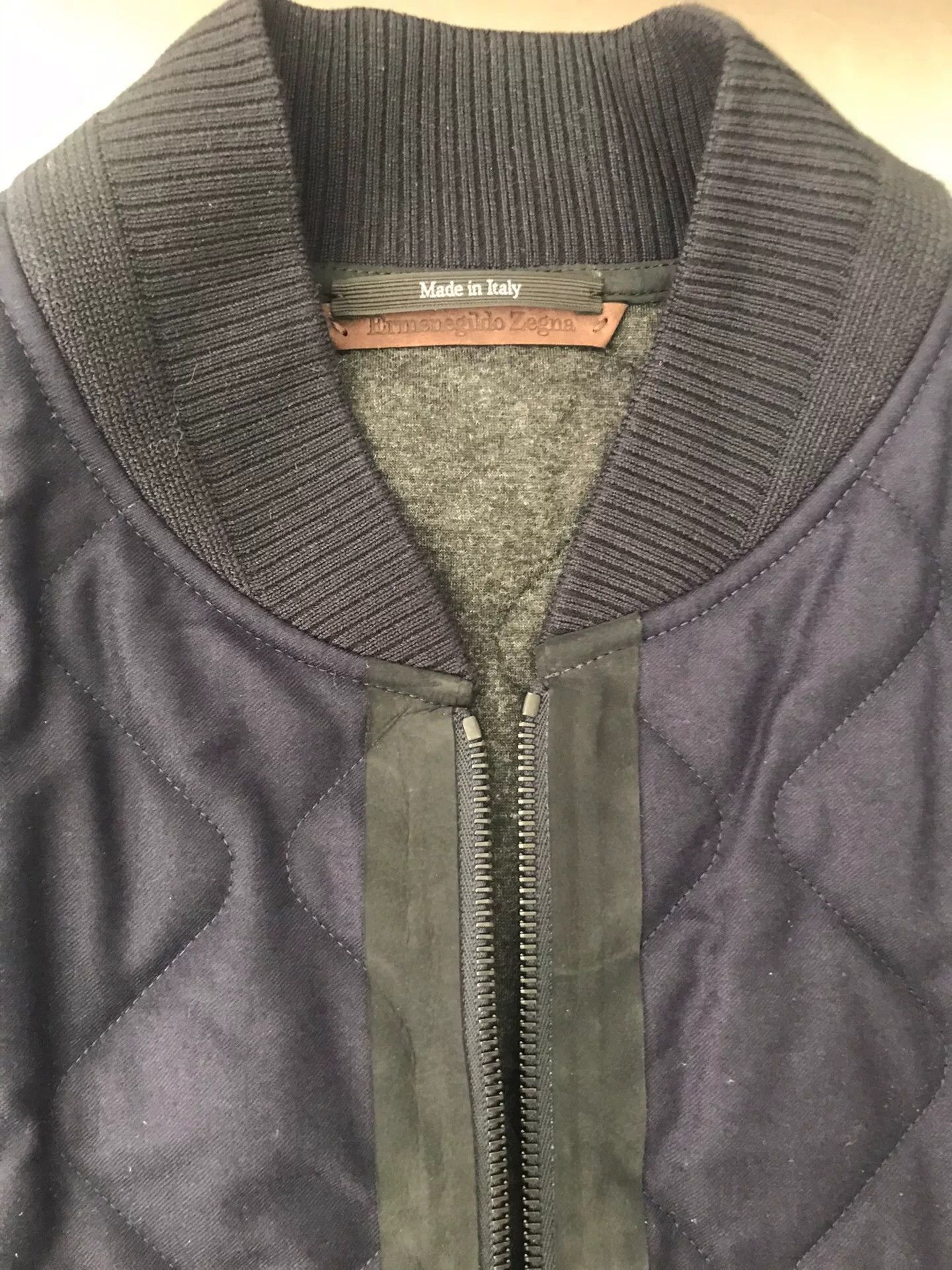 Ermenegildo Zegna navy quilted wool jacket with leather trim Size US L / EU 52-54 / 3 - 3 Thumbnail