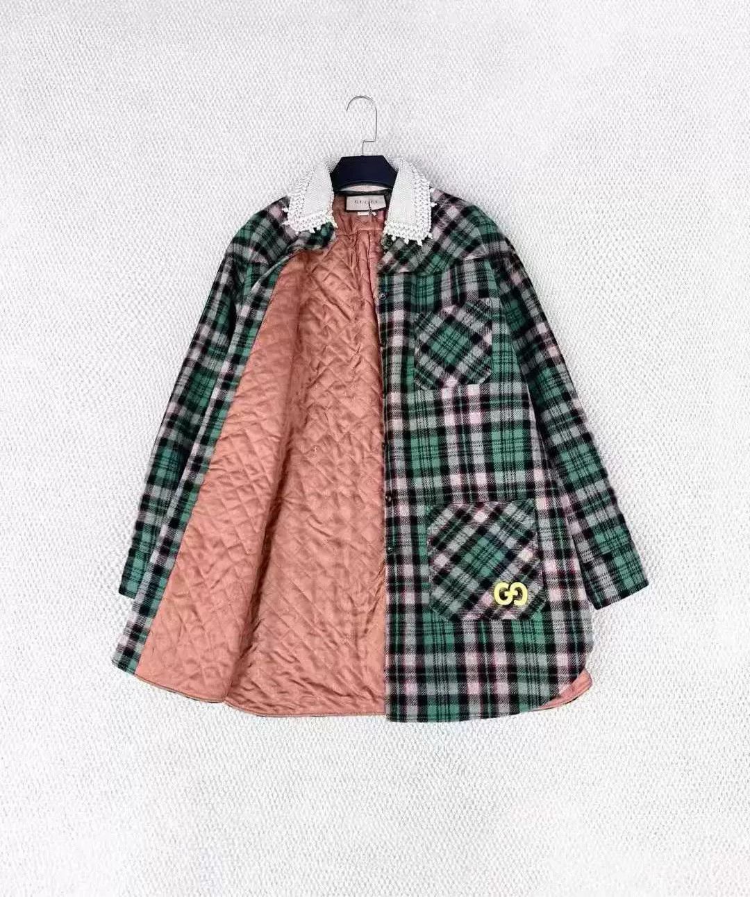 Gucci gucci green plaid long coat with pearl collar Size L / US 10 / IT 46 - 6 Thumbnail