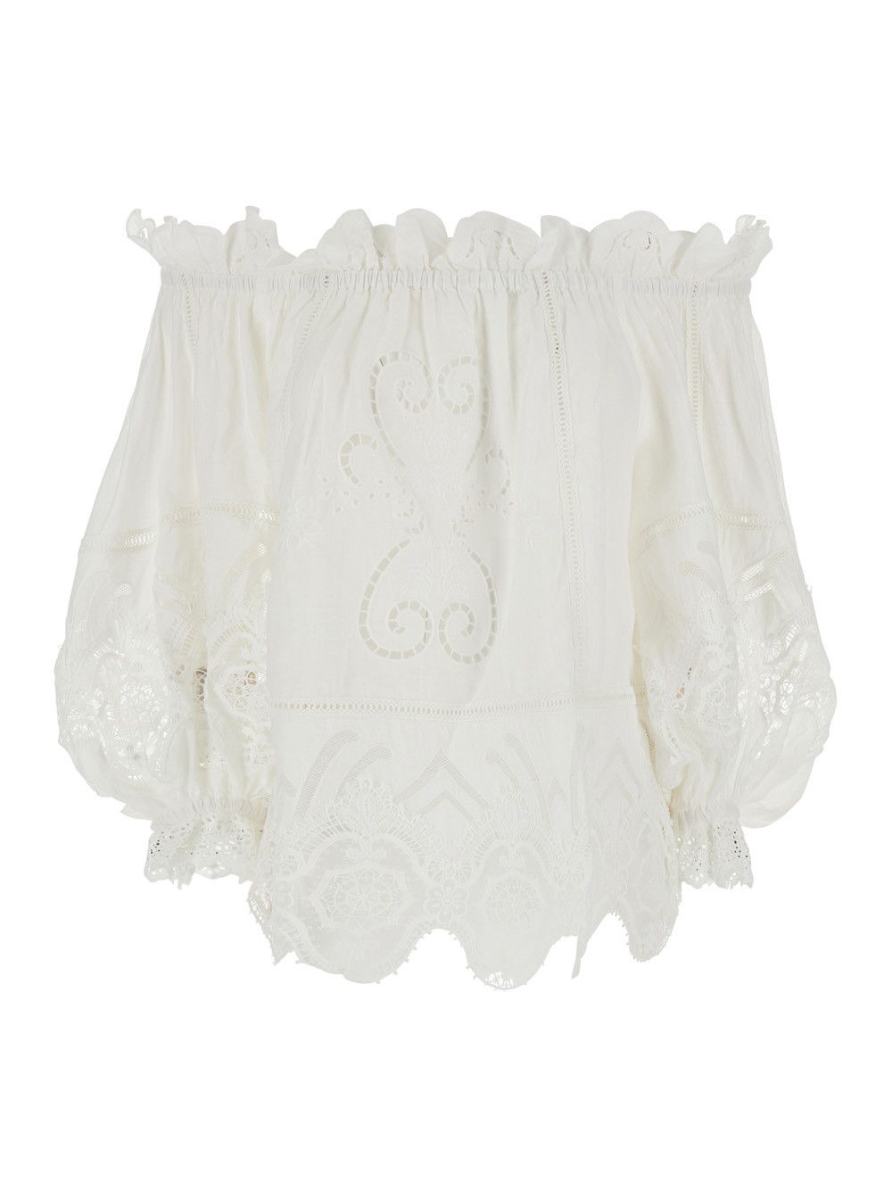 CAMILLA Off Shoulder Top with All-Over Embroidery in White Linen for Women Size XS / US 0-2 / IT 36-38 - 3 Thumbnail