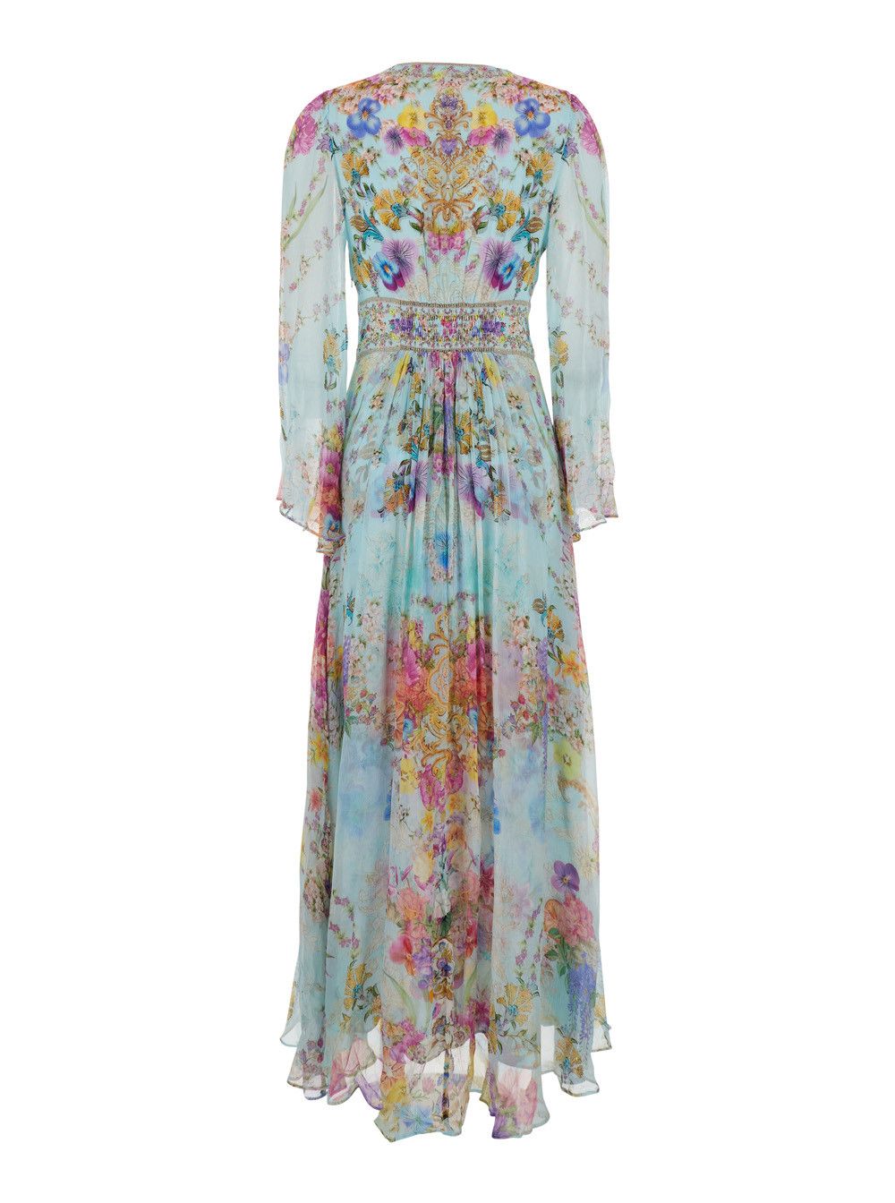 Multicolor Long Dress with V Neck and All-Over Floral Print in Silk Woman