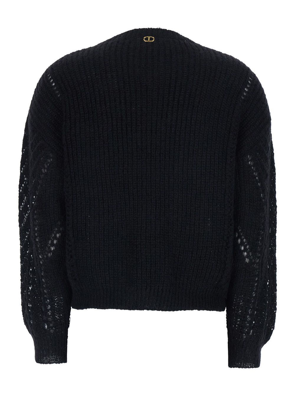 TWINSET Black Crewneck Sweater with Logo Plaque on the Rear and Perforated Design in Wool Woman Size M / US 6-8 / IT 42-44 - 2 Thumbnail