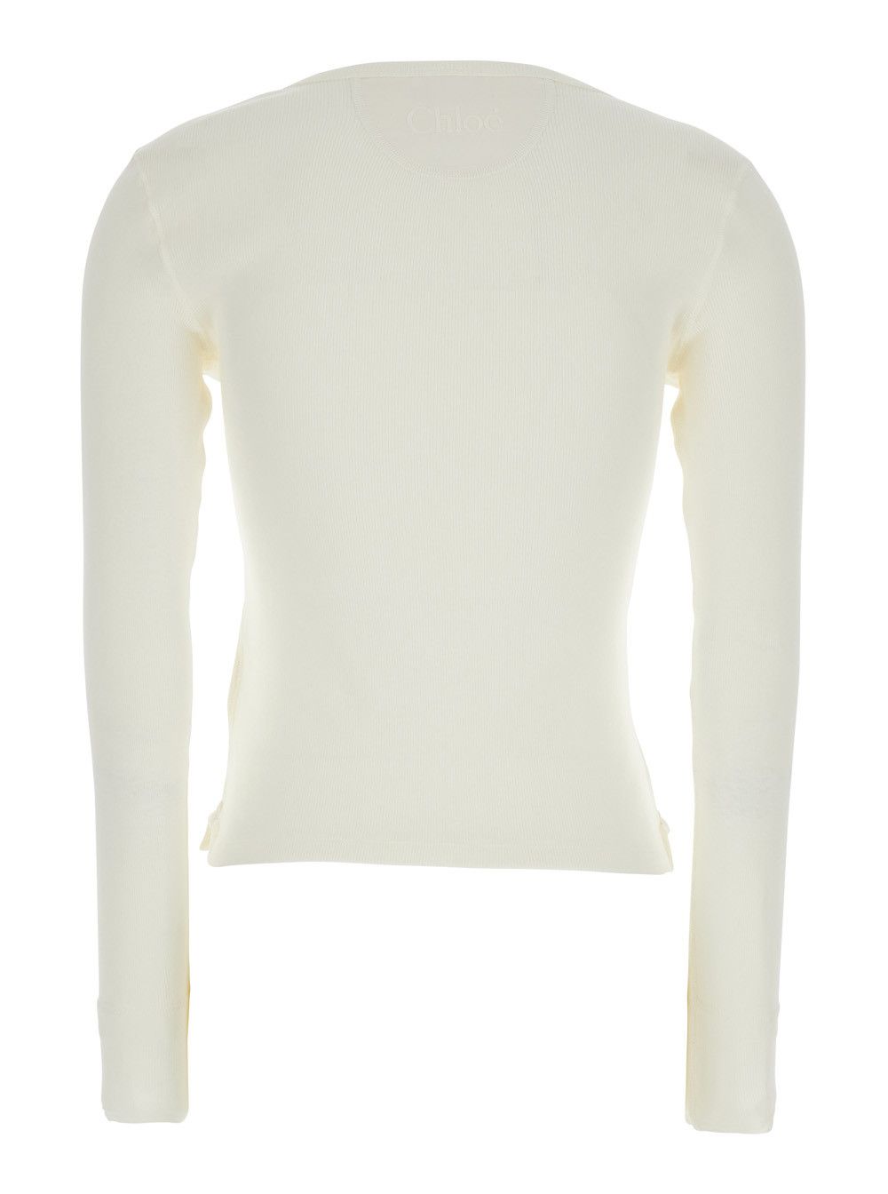 Chloe White Long Sleeve T-Shirt with Logo Patch on the Front In Ribbed Knit Cotton for Women Size S / US 4 / IT 40 - 2 Thumbnail