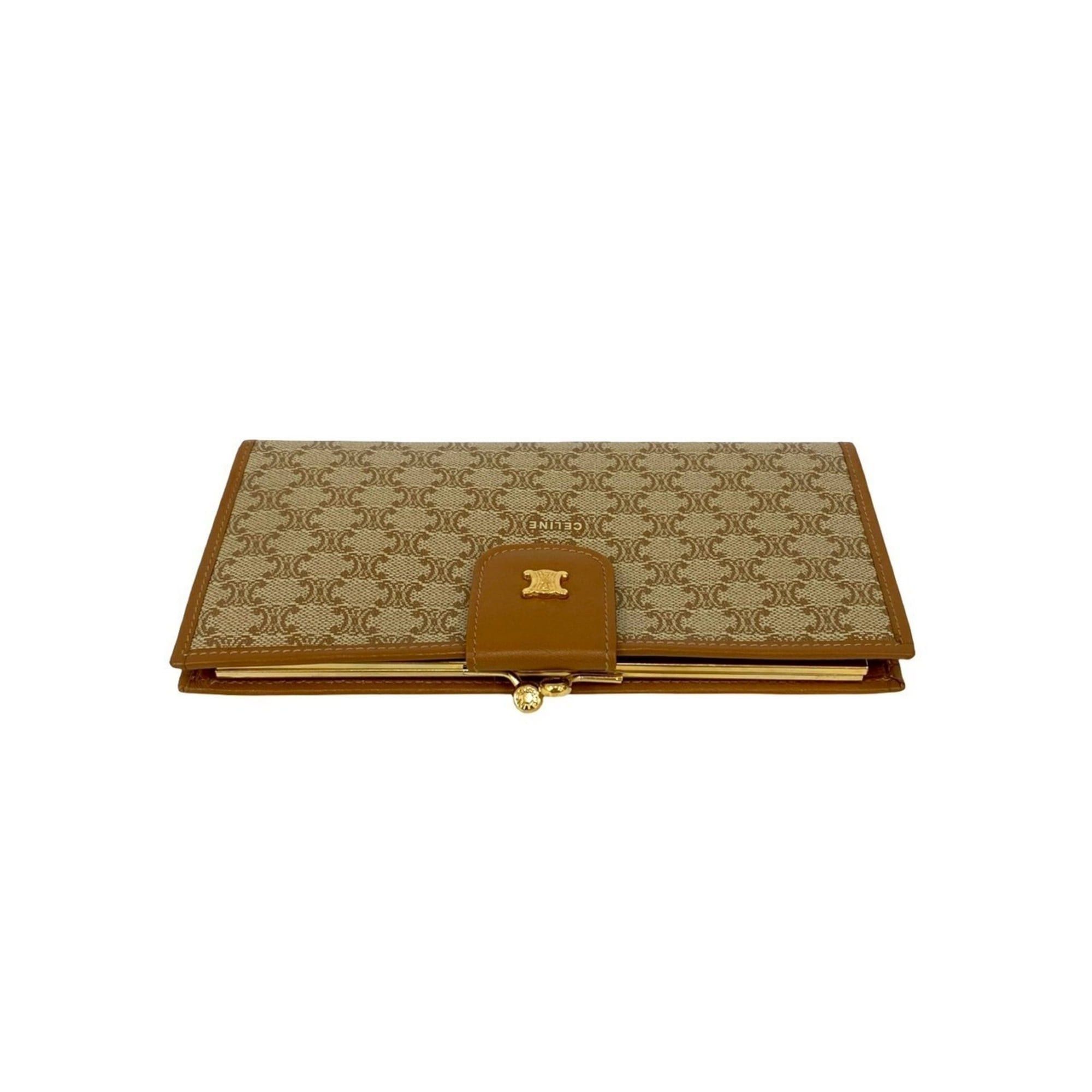 Celine CELINE Macadam Triomphe Logo Leather Bifold Clasp Long Wallet Beige Brown 37447 Size ONE SIZE - 3 Thumbnail