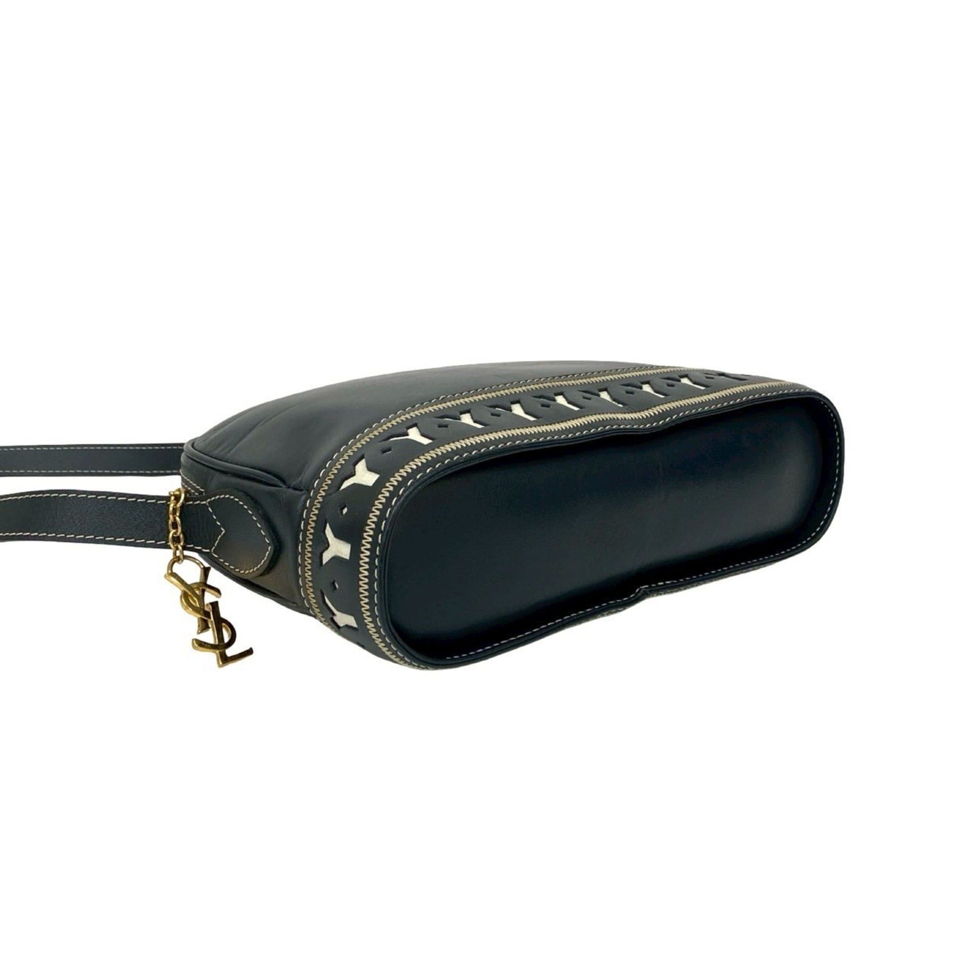 Yves Saint Laurent Yves Saint Laurent YSL Logo Cutout Leather Shoulder Bag, Navy, 33956 Size ONE SIZE - 7 Thumbnail