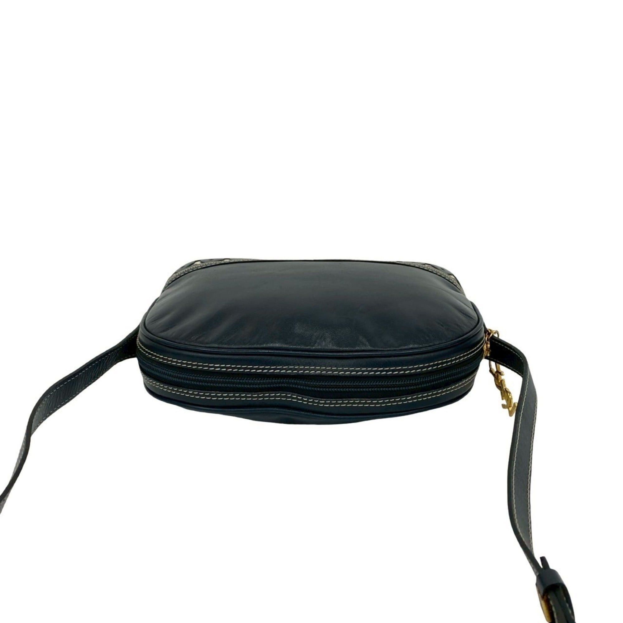 Yves Saint Laurent Yves Saint Laurent YSL Logo Cutout Leather Shoulder Bag, Navy, 33956 Size ONE SIZE - 4 Thumbnail