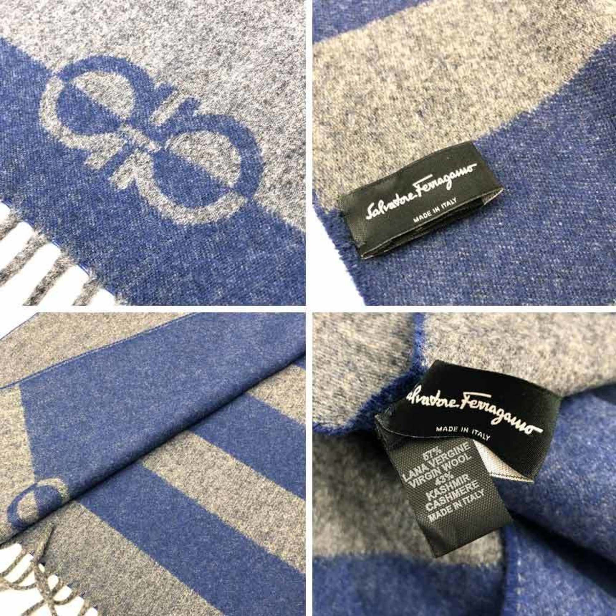Salvatore Ferragamo Salvatore Ferragamo Scarf Gancini Pattern Border Wool Cashmere Blue x Gray Size ONE SIZE - 3 Thumbnail