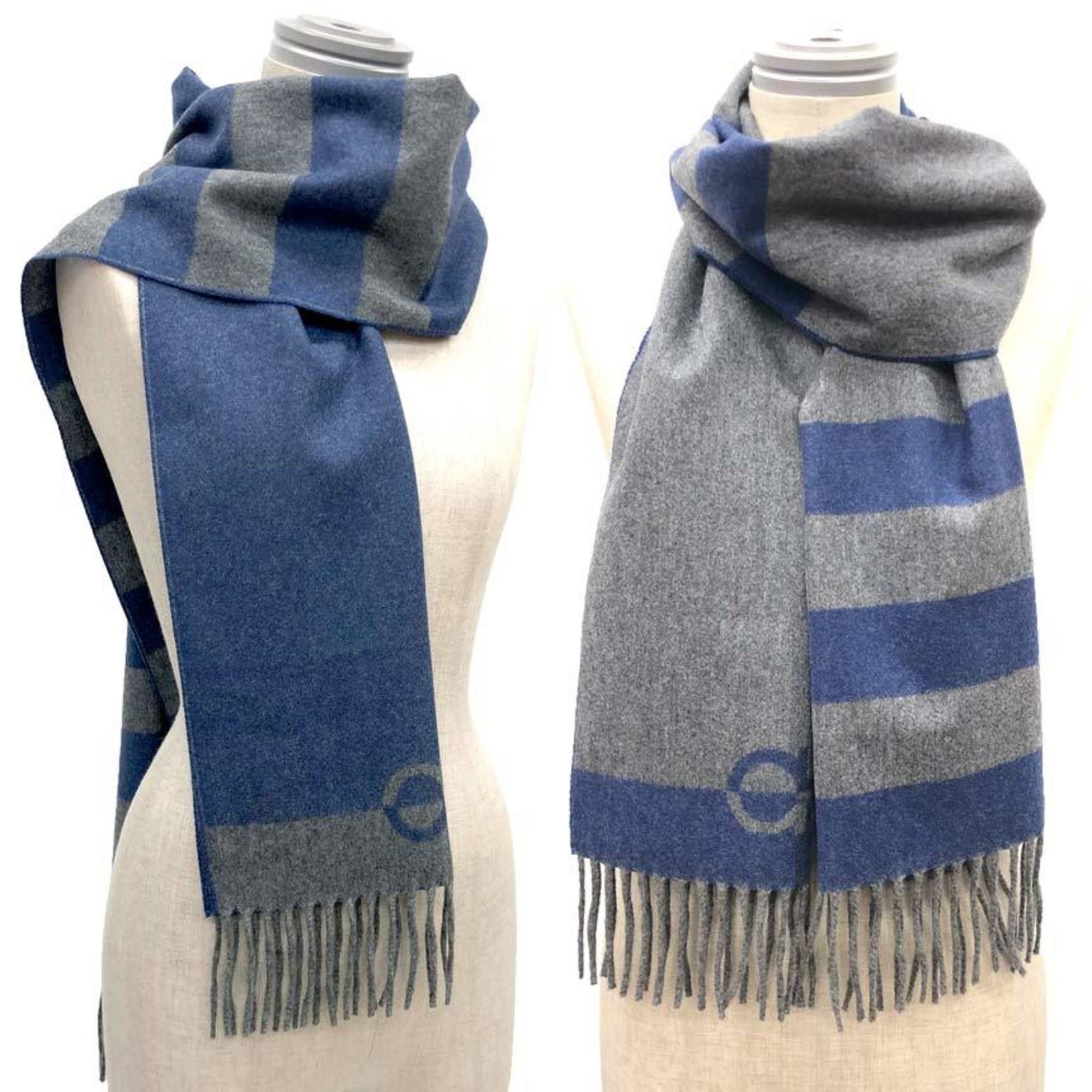 Salvatore Ferragamo Salvatore Ferragamo Scarf Gancini Pattern Border Wool Cashmere Blue x Gray Size ONE SIZE - 2 Thumbnail