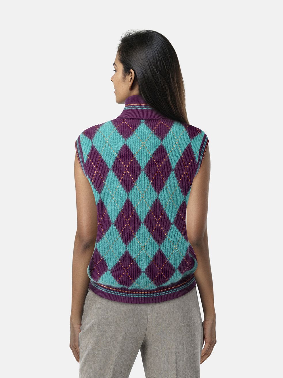 Versace Teal & Purple Wool Argyle Knit Vest Size XL / US 12-14 / IT 48-50 - 2 Thumbnail