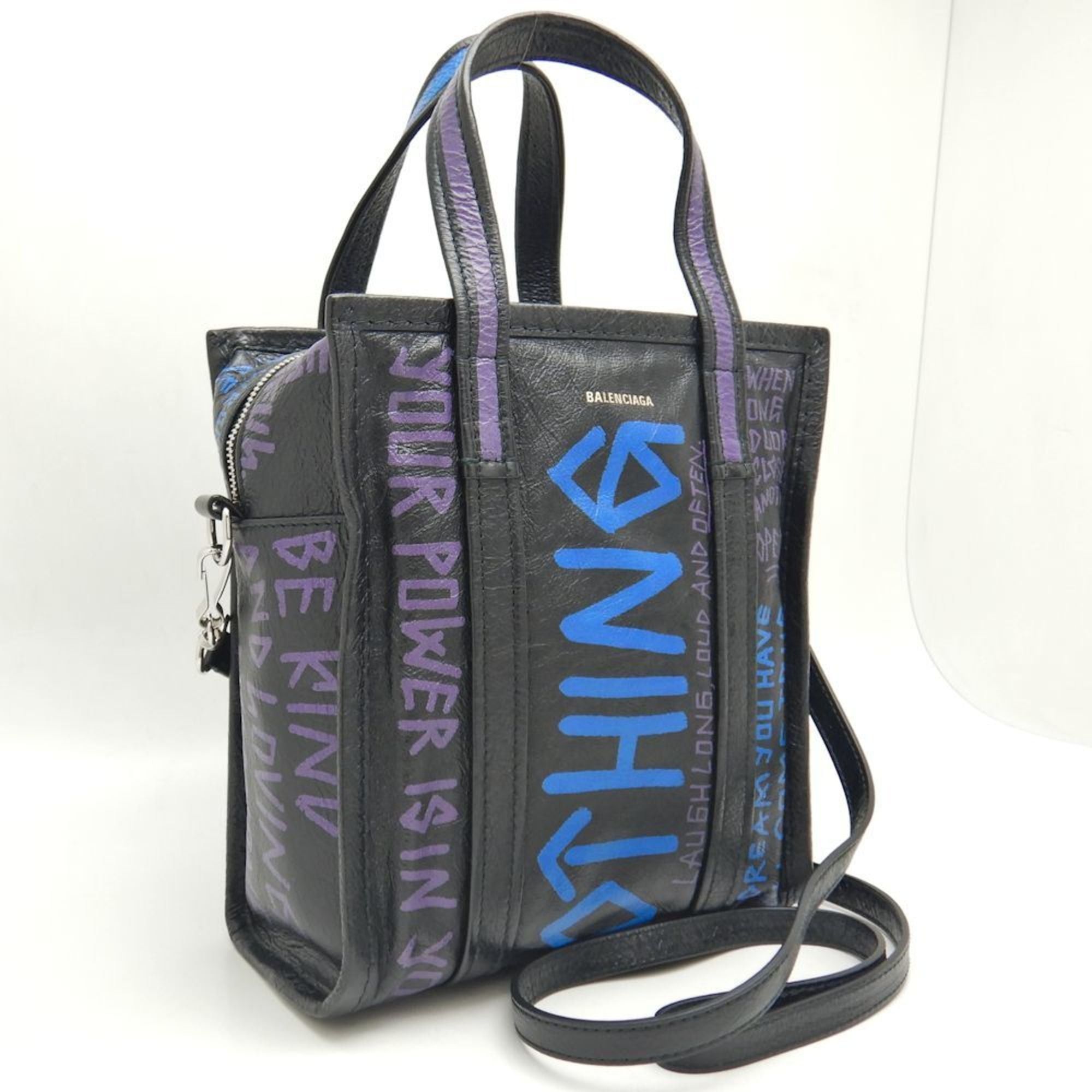Balenciaga BALENCIAGA Bazaar Shopper XS 513989 Handbag Graffiti Leather Black Blue 251539 Size ONE SIZE - 3 Thumbnail