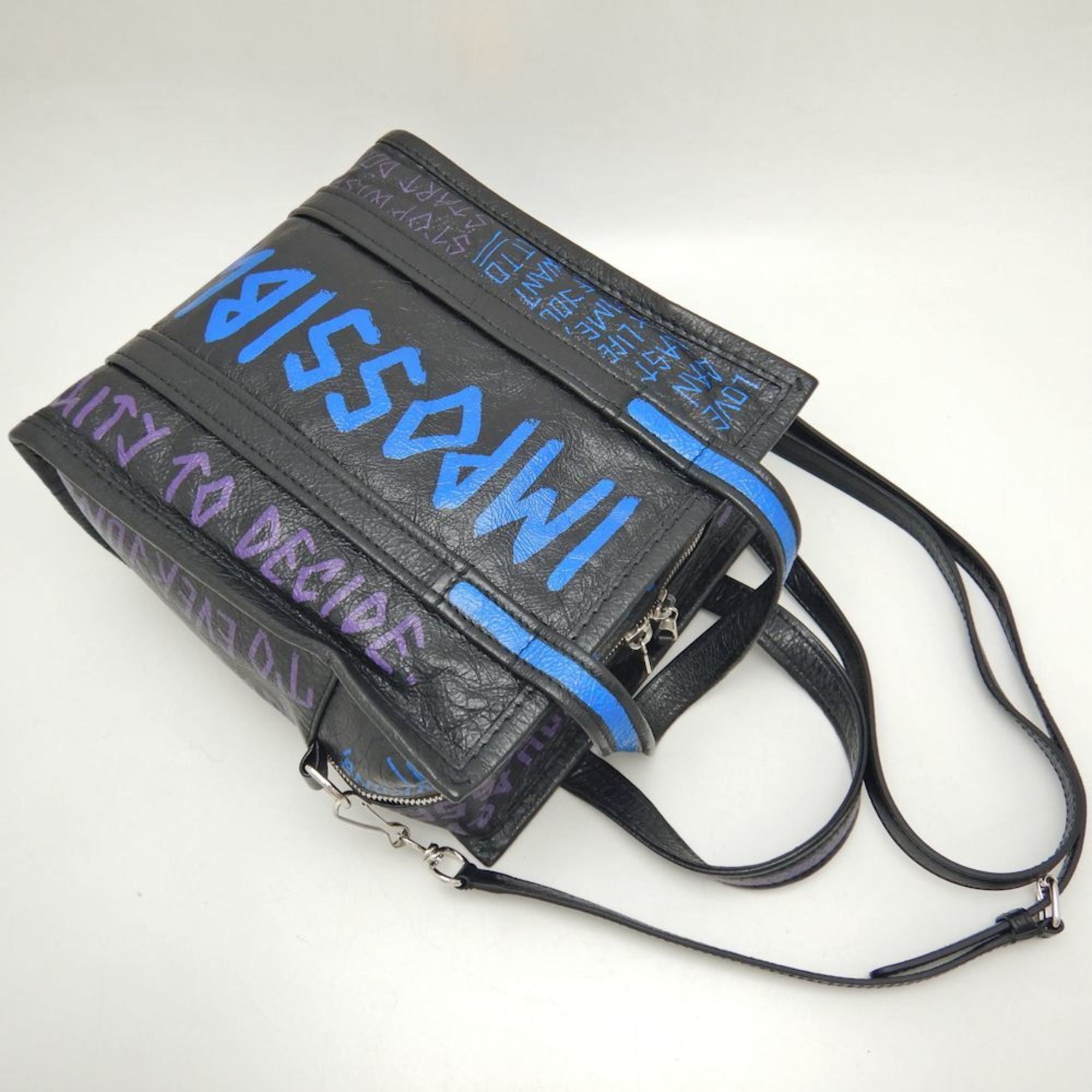 Balenciaga BALENCIAGA Bazaar Shopper XS 513989 Handbag Graffiti Leather Black Blue 251539 Size ONE SIZE - 4 Thumbnail