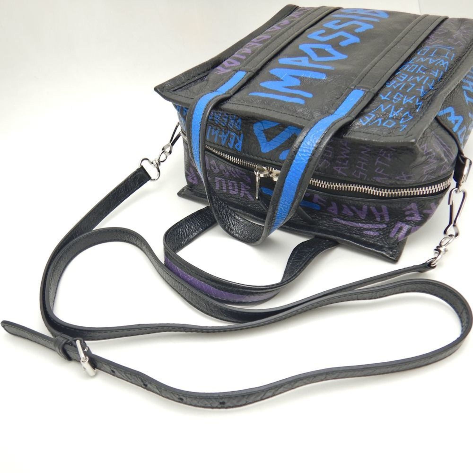 Balenciaga BALENCIAGA Bazaar Shopper XS 513989 Handbag Graffiti Leather Black Blue 251539 Size ONE SIZE - 6 Thumbnail
