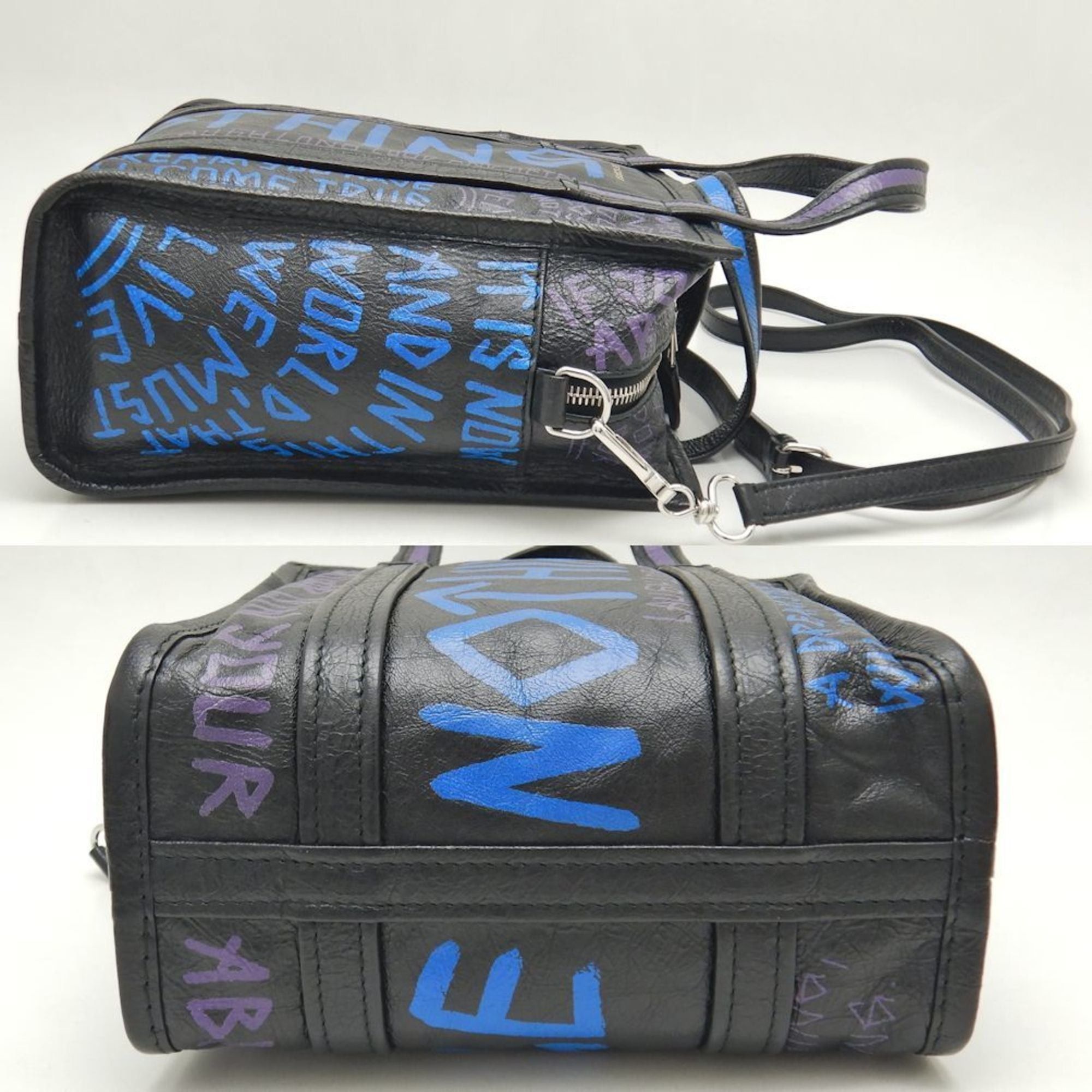 Balenciaga BALENCIAGA Bazaar Shopper XS 513989 Handbag Graffiti Leather Black Blue 251539 Size ONE SIZE - 5 Thumbnail