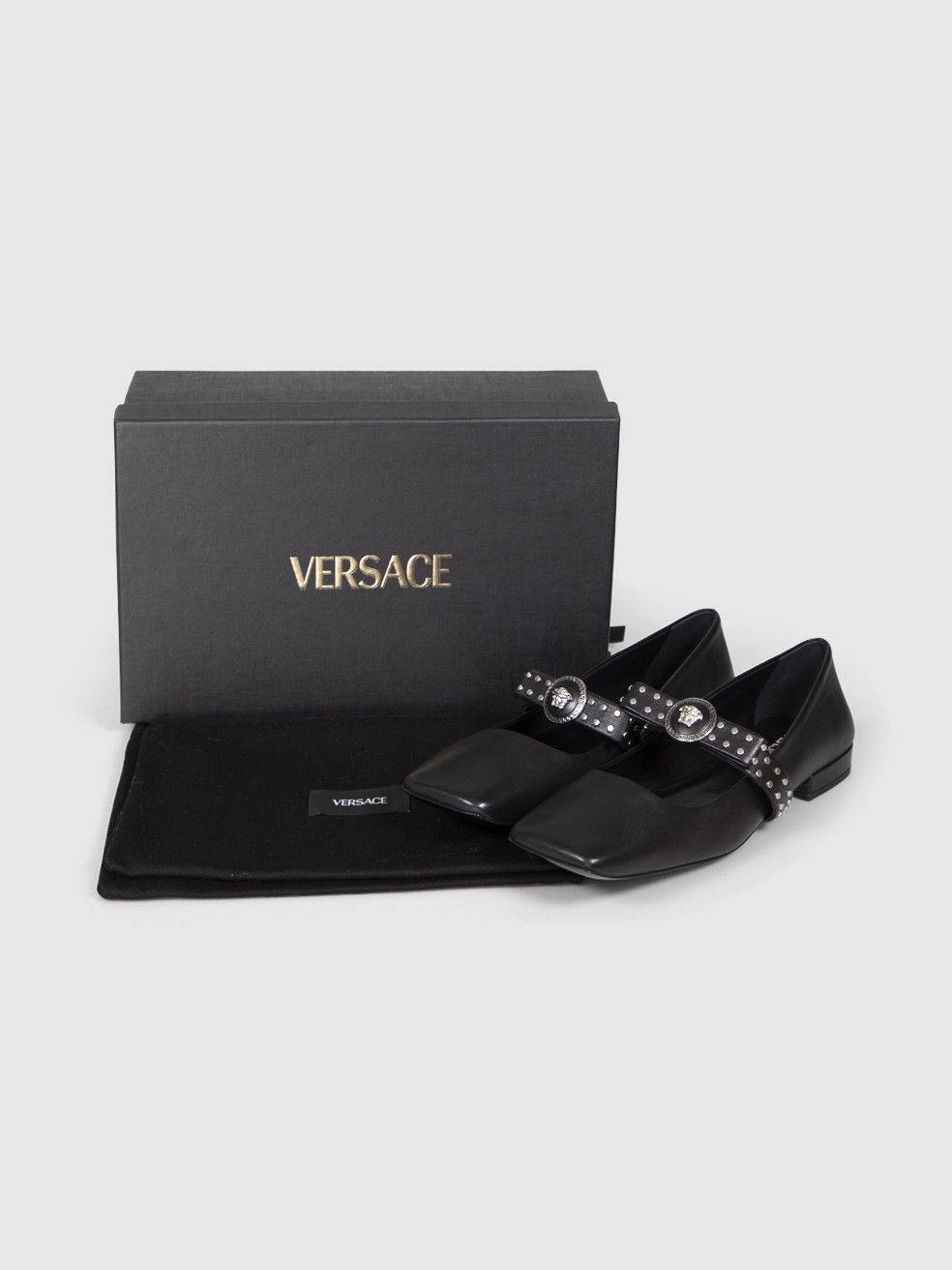 Versace Black Leather Studded Bow Ballet Flats Size US 9.5 / IT 39.5 - 3 Thumbnail