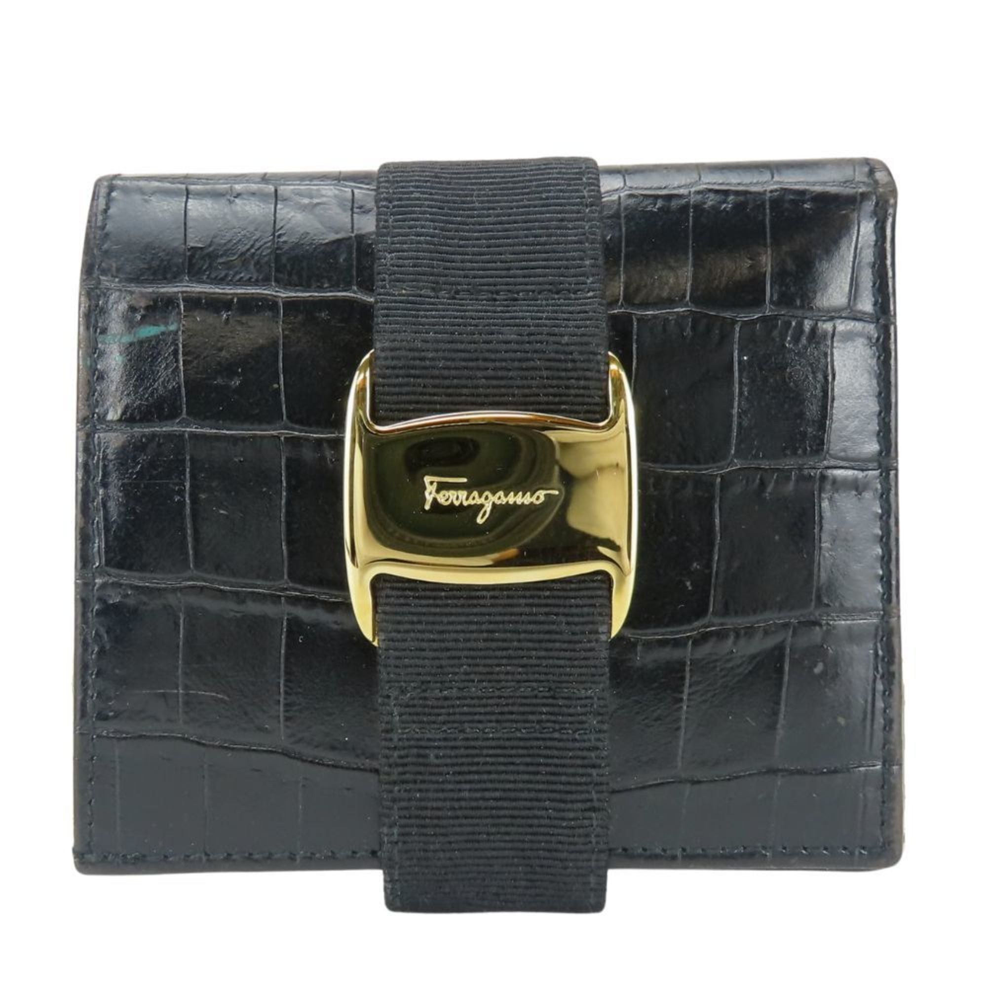Salvatore Ferragamo Salvatore Ferragamo Women's Vara Bifold Wallet 223053 in Black Leather with Gold Hardware and Crocodile Embossing Size ONE SIZE - 2 Thumbnail