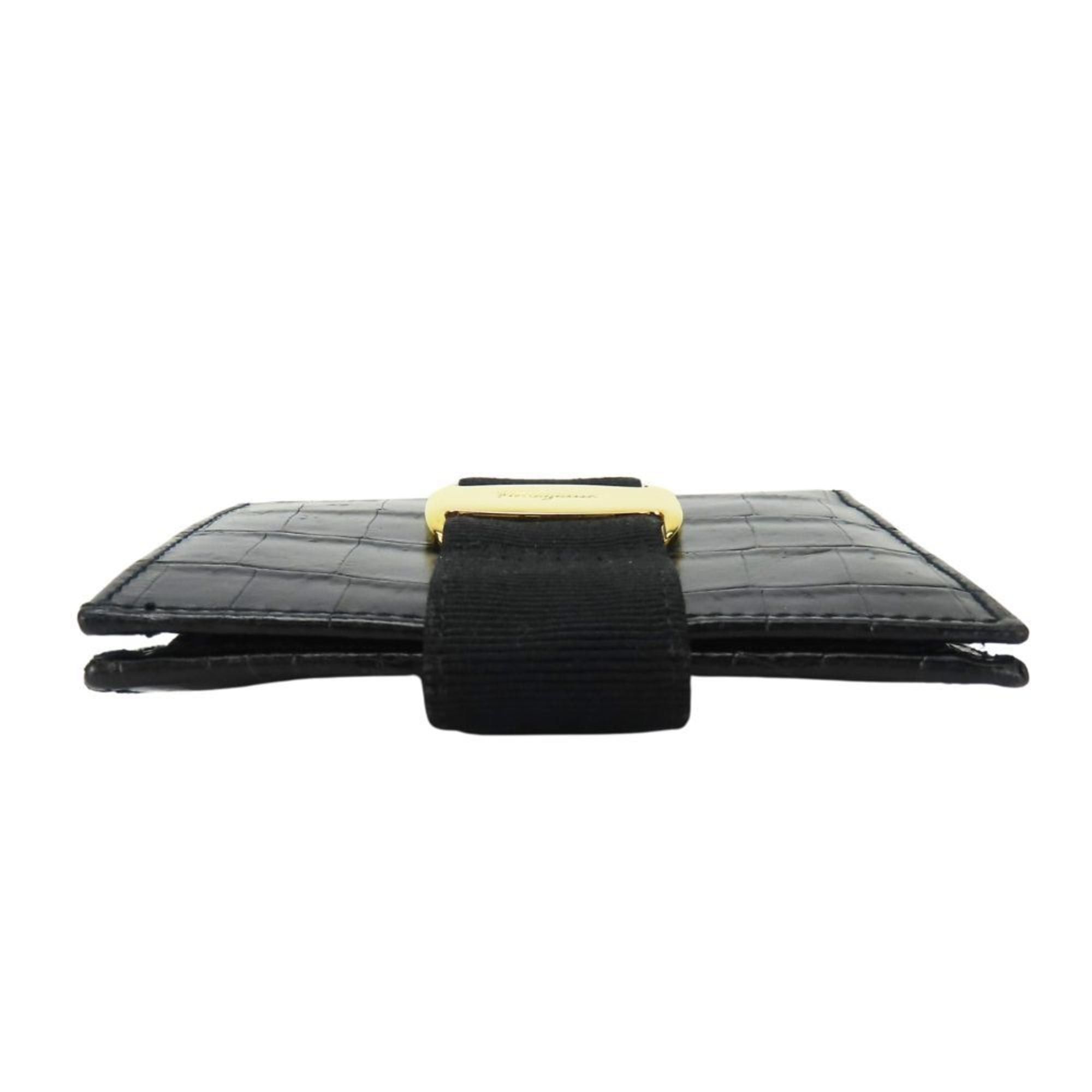 Salvatore Ferragamo Salvatore Ferragamo Women's Vara Bifold Wallet 223053 in Black Leather with Gold Hardware and Crocodile Embossing Size ONE SIZE - 4 Thumbnail