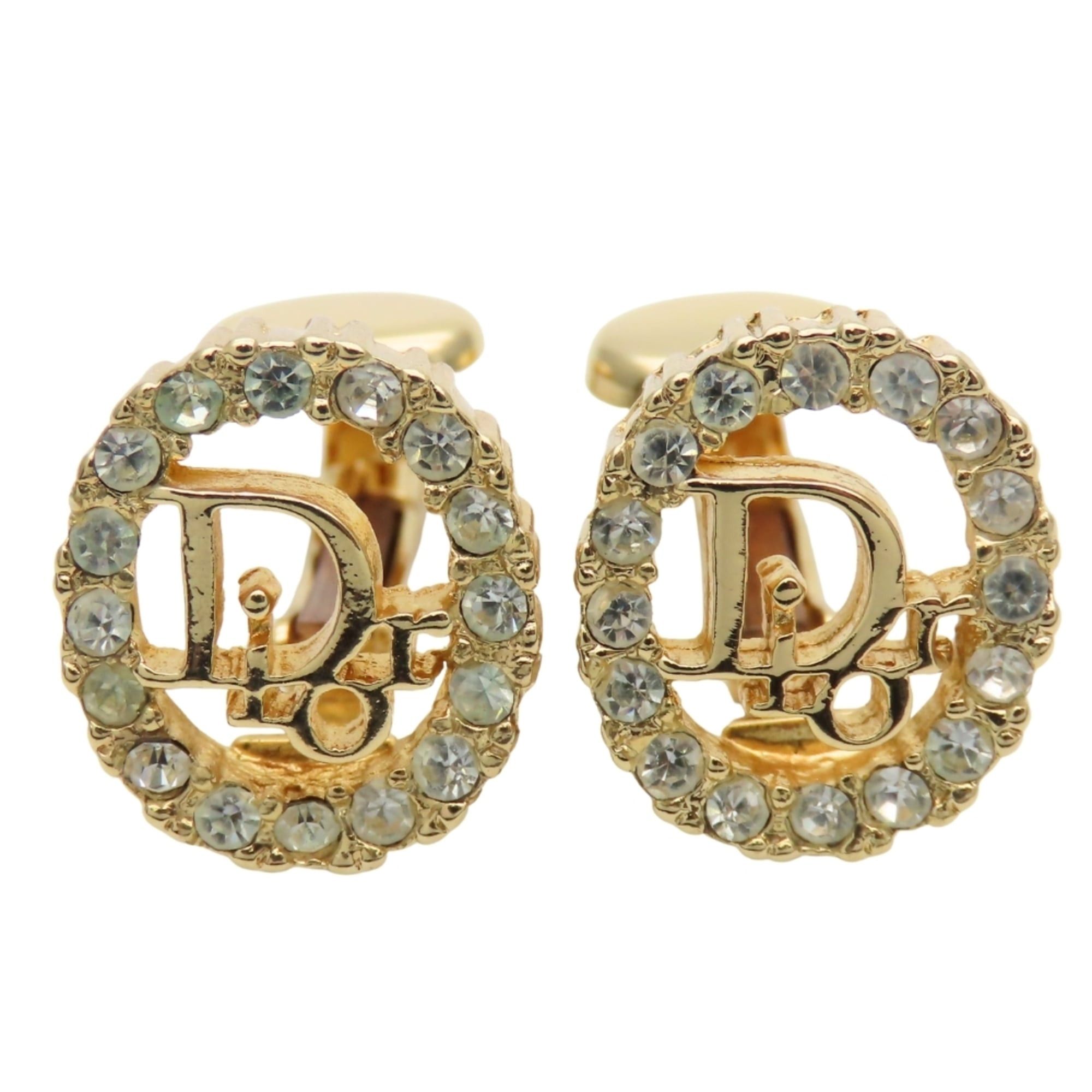 Dior Christian Dior CD logo metal earrings with rhinestones in gold GP plated. Women's. Size ONE SIZE - 2 Thumbnail