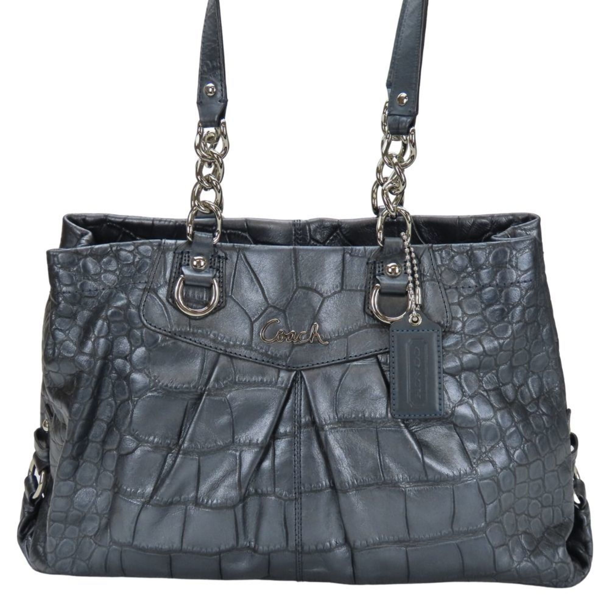 Coach Coach Tote Bag F17661, Navy Gray Leather with Metallic Silver Hardware and Crocodile Embossed Shoulder Bag, Women's, COACH Size ONE SIZE - 2 Thumbnail
