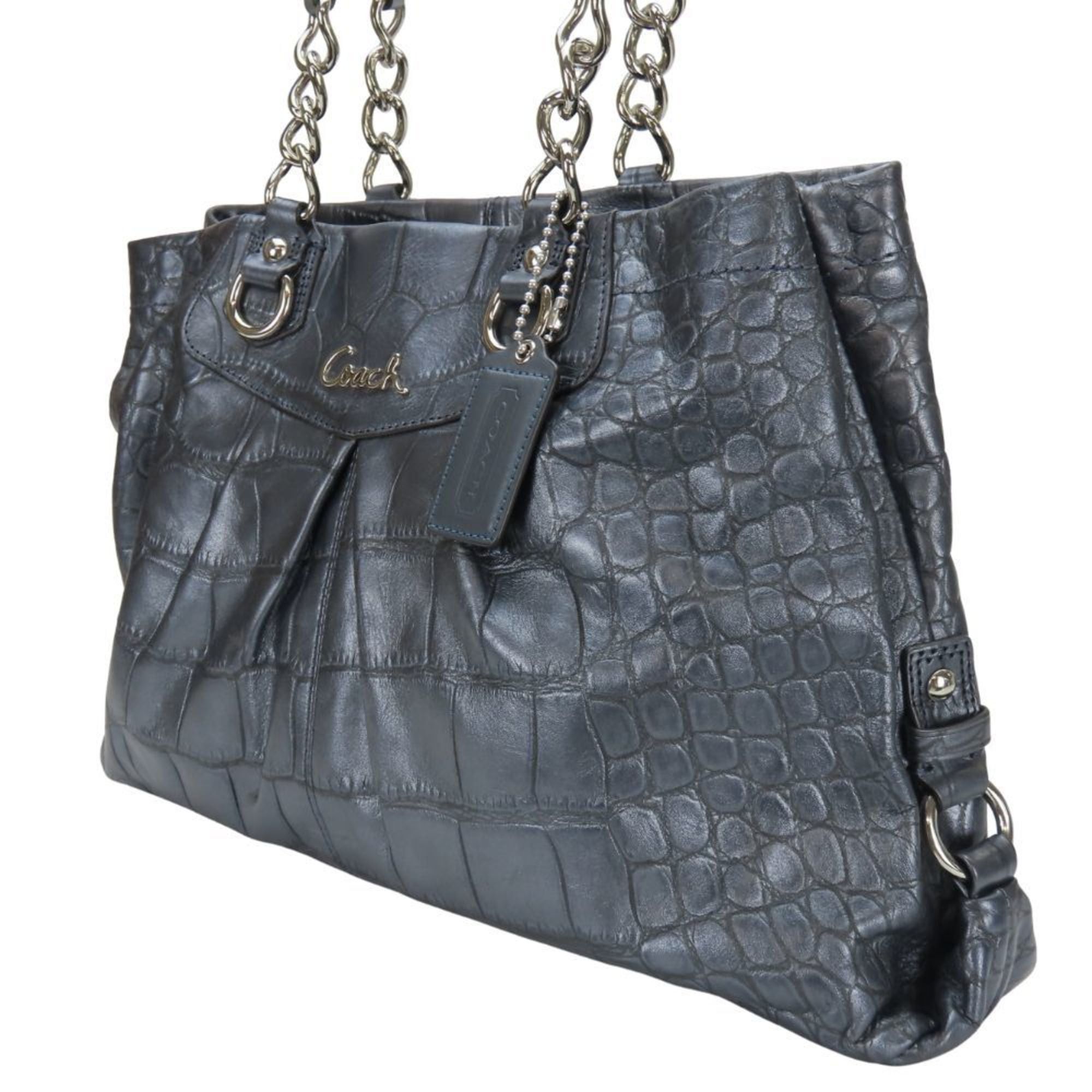 Coach Coach Tote Bag F17661, Navy Gray Leather with Metallic Silver Hardware and Crocodile Embossed Shoulder Bag, Women's, COACH Size ONE SIZE - 3 Thumbnail