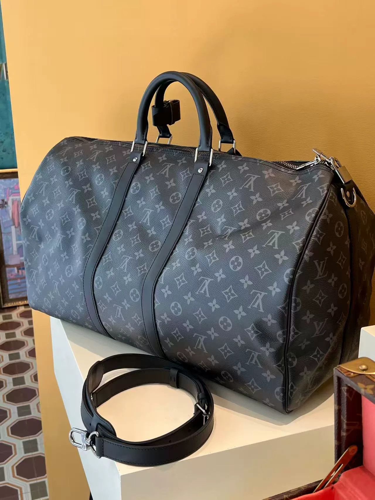 Louis Vuitton LV Black Flower Keepall 55 Bag Size ONE SIZE - 3 Thumbnail