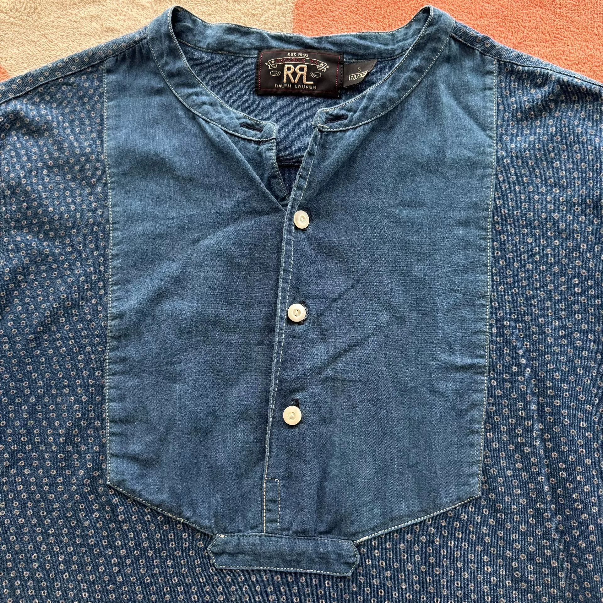 RRL Ralph Lauren Classic Blue Henley Collar Shirt Size US S / EU 44-46 / 1 - 2 Thumbnail
