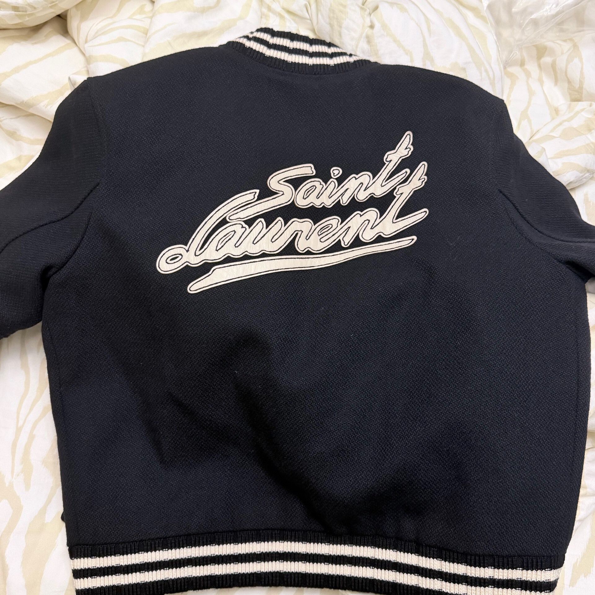 Yves Saint Laurent Black Baseball Jacket with White Stripes Size US L / EU 52-54 / 3 - 2 Thumbnail