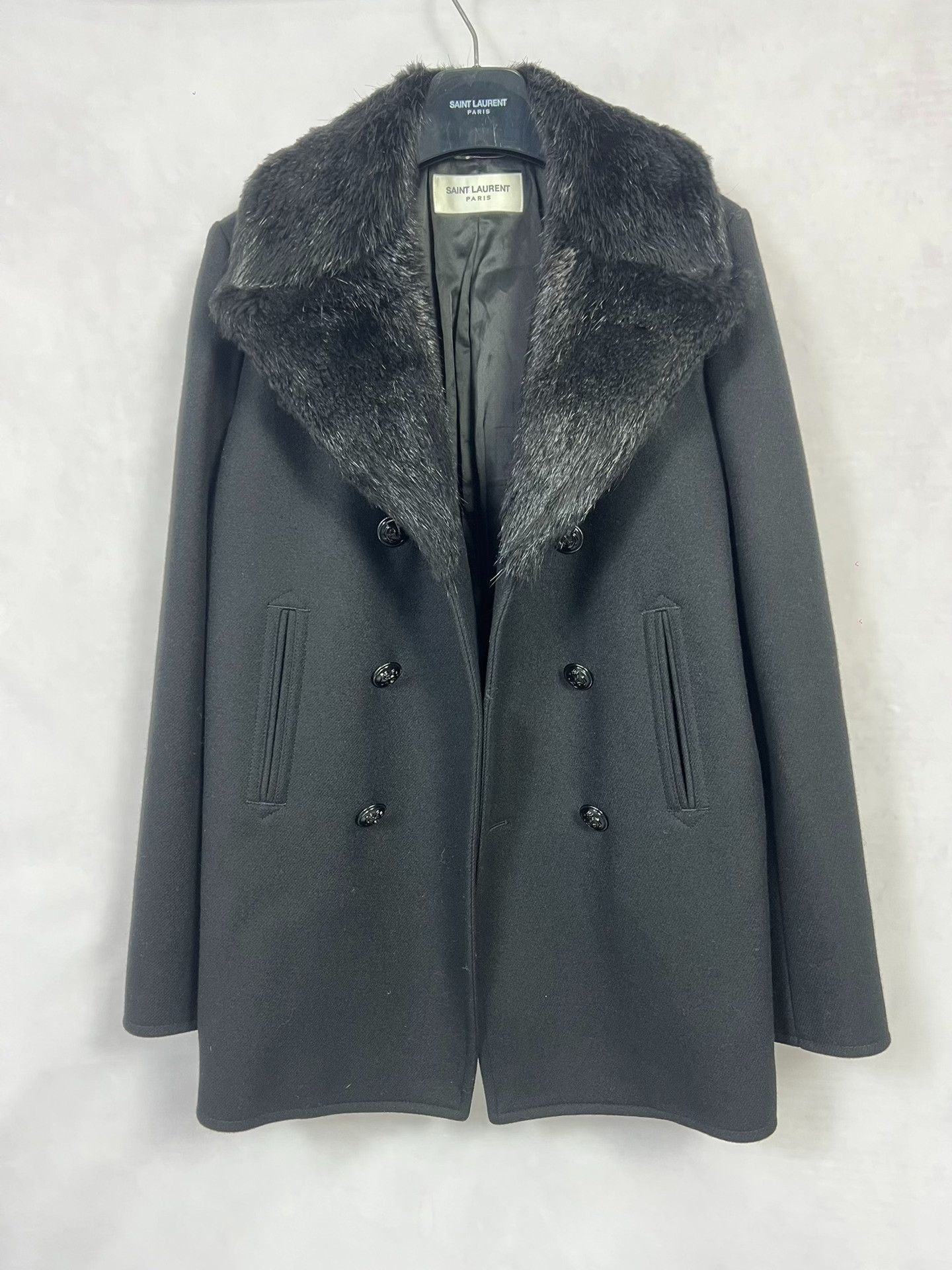 Saint Laurent Paris Saint Laurent Black Wool Coat with Fur Collar Size US M / EU 48-50 / 2 - 2 Thumbnail