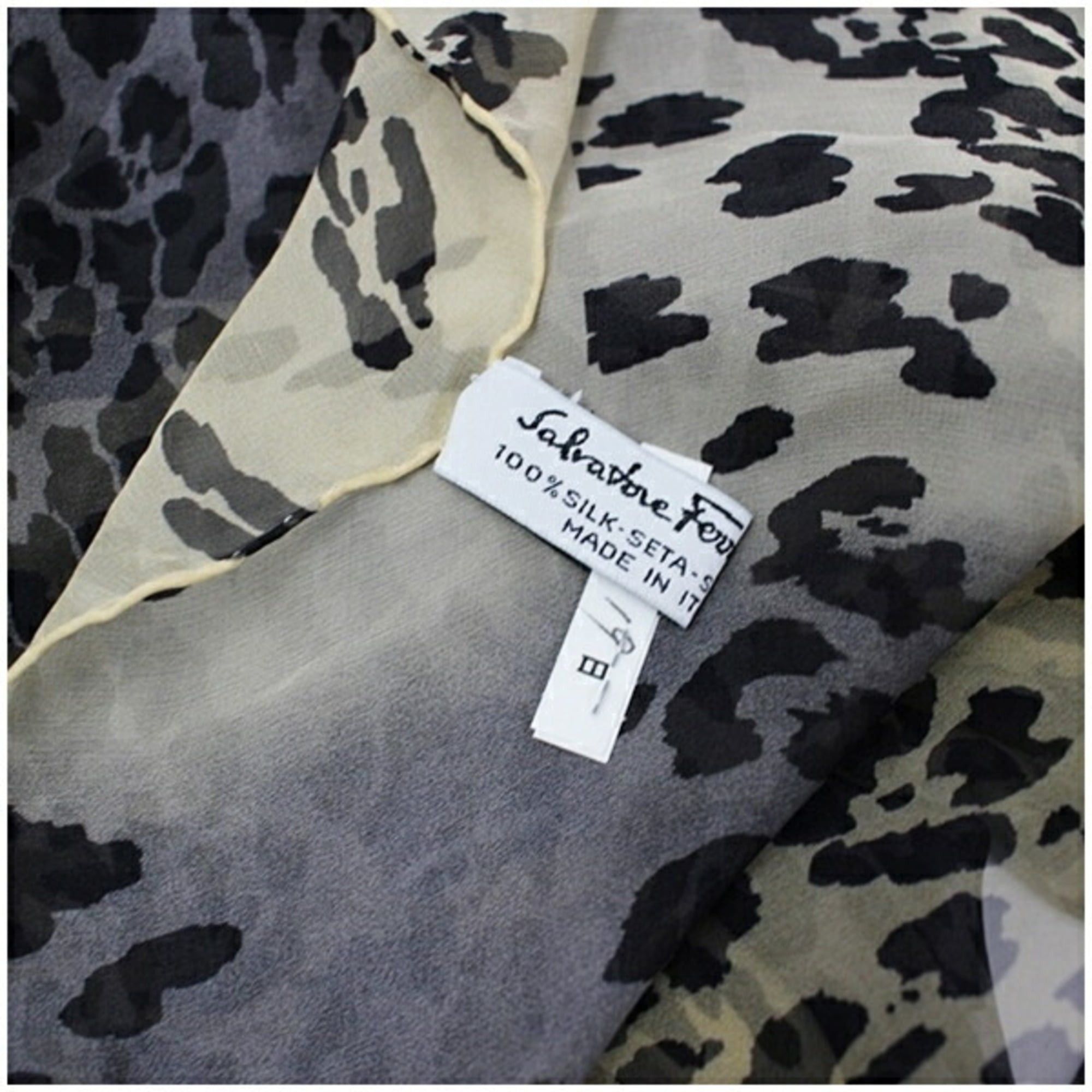 Salvatore Ferragamo Salvatore Ferragamo Women's Silk Rectangular Scarf in Black, Gray, and Beige with Leopard Print Size ONE SIZE - 5 Thumbnail