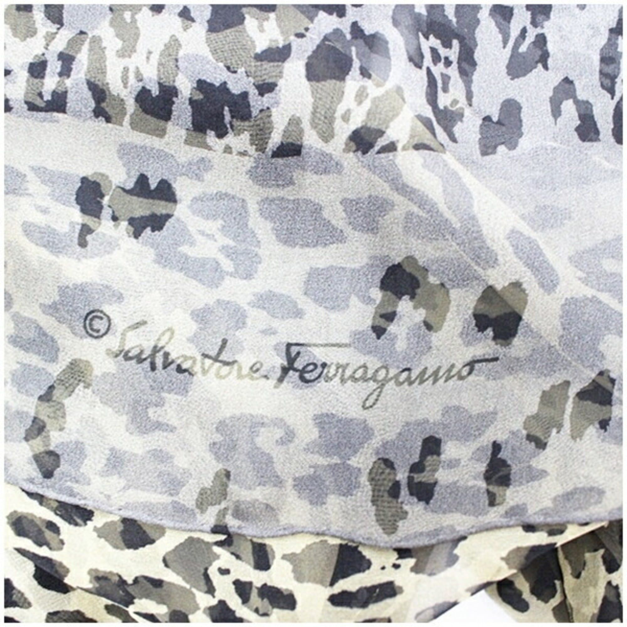 Salvatore Ferragamo Salvatore Ferragamo Women's Silk Rectangular Scarf in Black, Gray, and Beige with Leopard Print Size ONE SIZE - 4 Thumbnail
