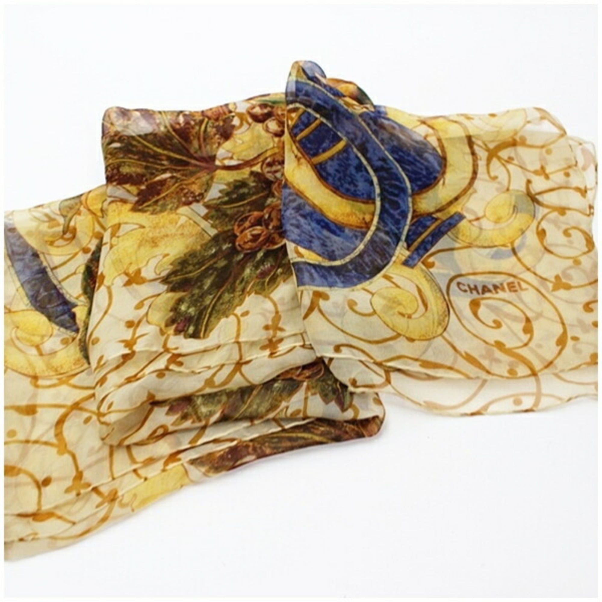 Chanel Chanel silk scarf/muffler in beige and yellow. CHANEL women's chiffon. Size ONE SIZE - 8 Thumbnail