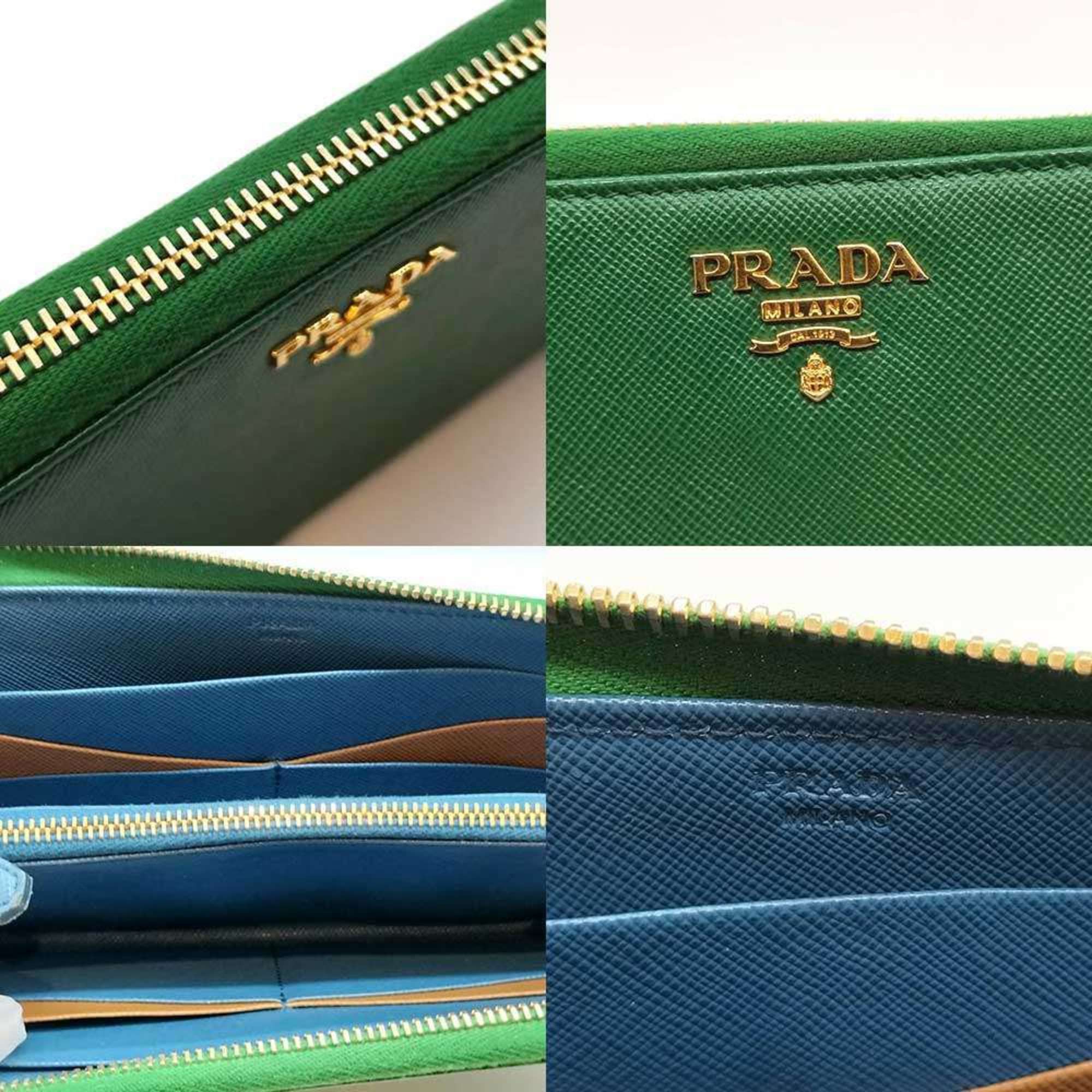 Prada round long wallet in green Saffiano leather