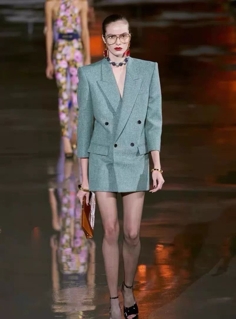 Saint Laurent Paris Saint Laurent Light Green Herringbone Blazer Size XS / US 0-2 / IT 36-38 - 2 Thumbnail