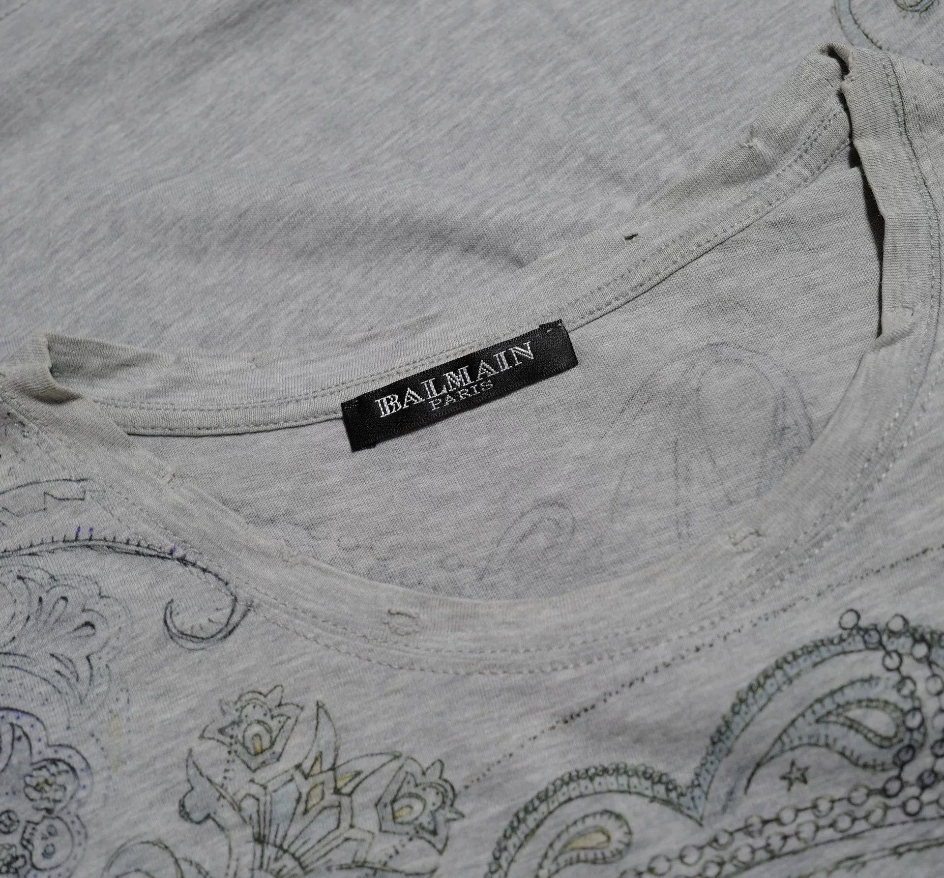 Balmain Balmain Gray Hand-painted Paisley Distressed T-shirt Size US S / EU 44-46 / 1 - 3 Thumbnail