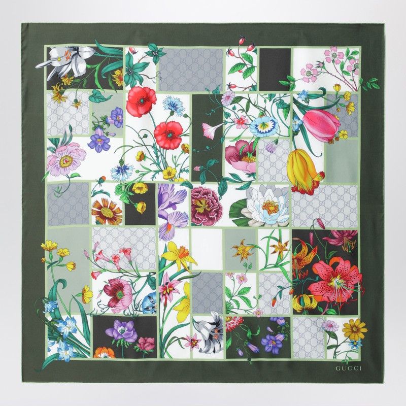 Gucci Gucci Green Silk Twill Scarf With Flora Print Size ONE SIZE - 2 Thumbnail