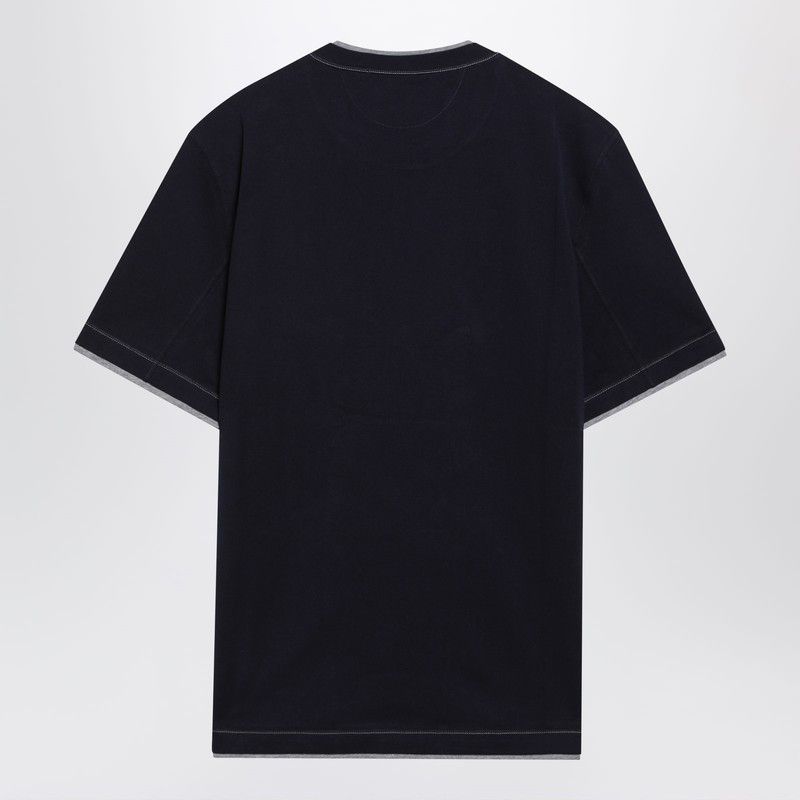 Brunello Cucinelli Navy Blue T-Shirt With Faux Layering