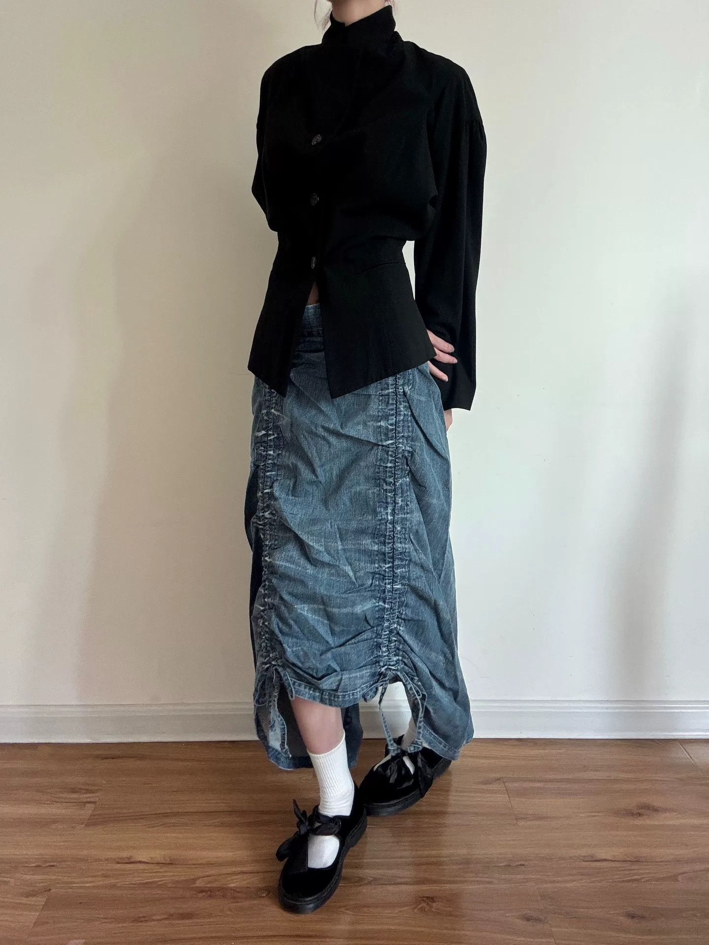 Yohji Yamamoto Limi Feu Drawstring Denim Skirt Size 26" / US 2 / IT 38 - 2 Thumbnail