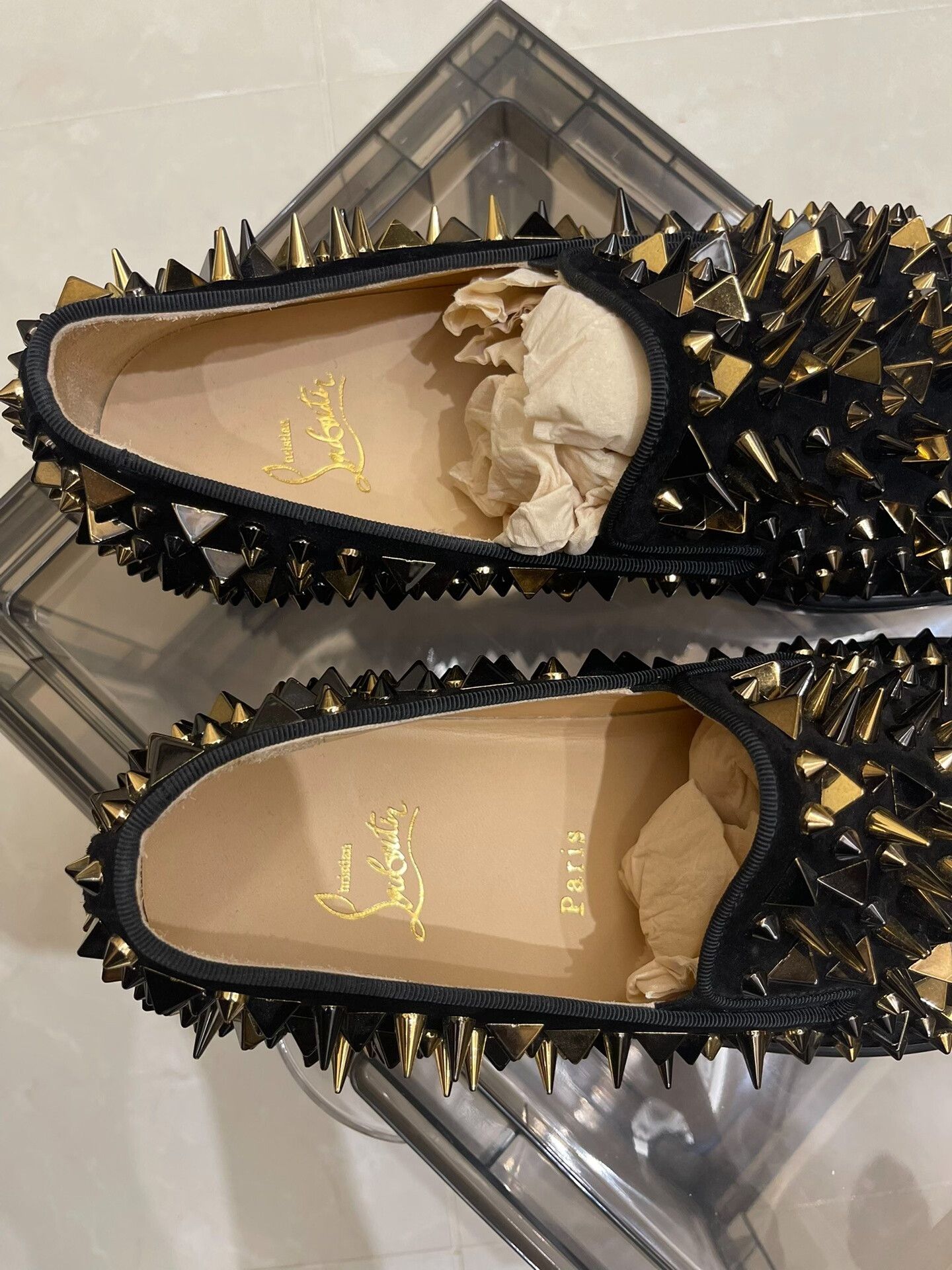 Christian Louboutin Christian Louboutin Black Gold Spike Slip-ons Size US 10 / EU 43 - 3 Thumbnail