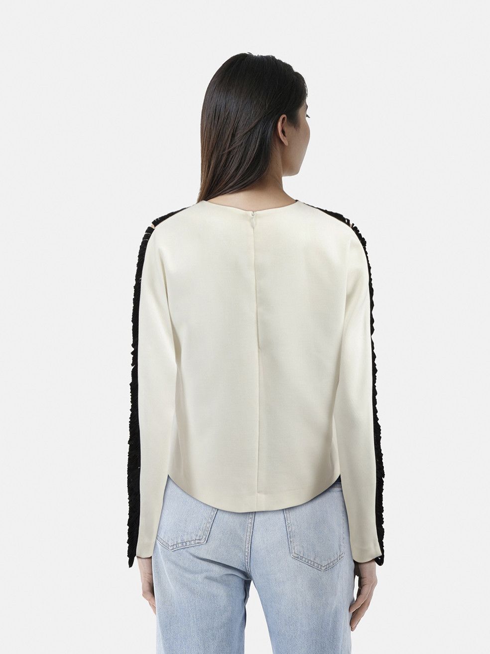 Sandro White Top With Sheer Black Panel Sleeves Size L / US 10 / IT 46 - 2 Thumbnail