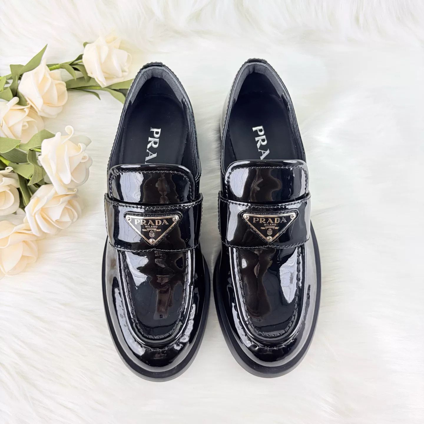 Prada Prada Black Patent Leather Triangle Loafers Size US 4 / IT 34 - 2 Thumbnail