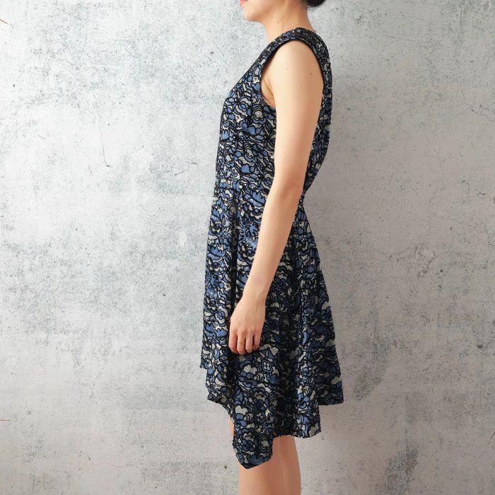 Louis Vuitton Blue Black Lace Floral Sleeveless Dress
