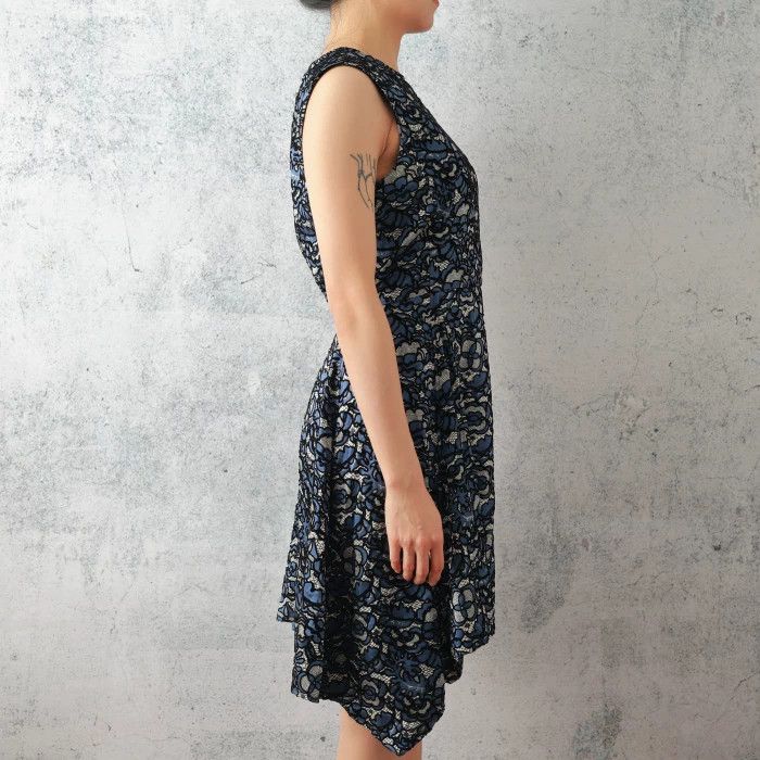 Louis Vuitton Blue Black Lace Floral Sleeveless Dress