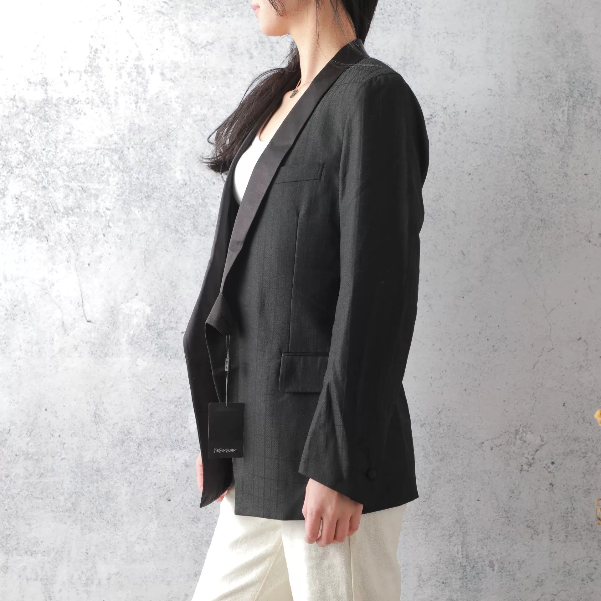Yves Saint Laurent YSL Black Wool Plaid Lapel Blazer Size L / US 10 / IT 46 - 4 Thumbnail