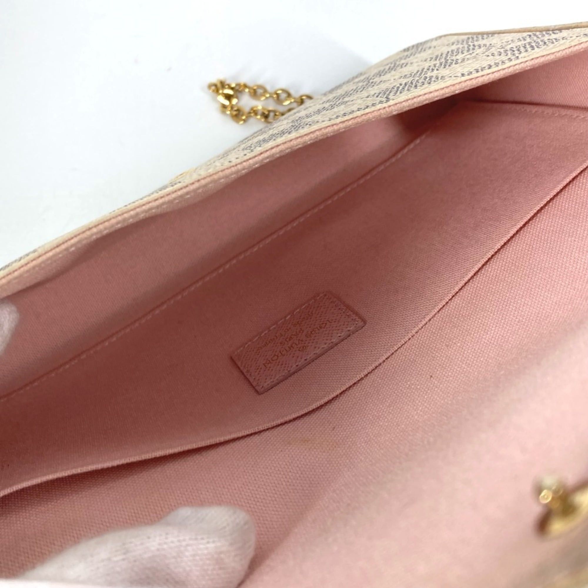 Louis Vuitton LOUIS VUITTON N63106 Damier Azur Pochette Felicie, a card case, wallet, coin purse, chain bag, long and canvas bag in Rose Ballerine pink. Size ONE SIZE - 10 Thumbnail