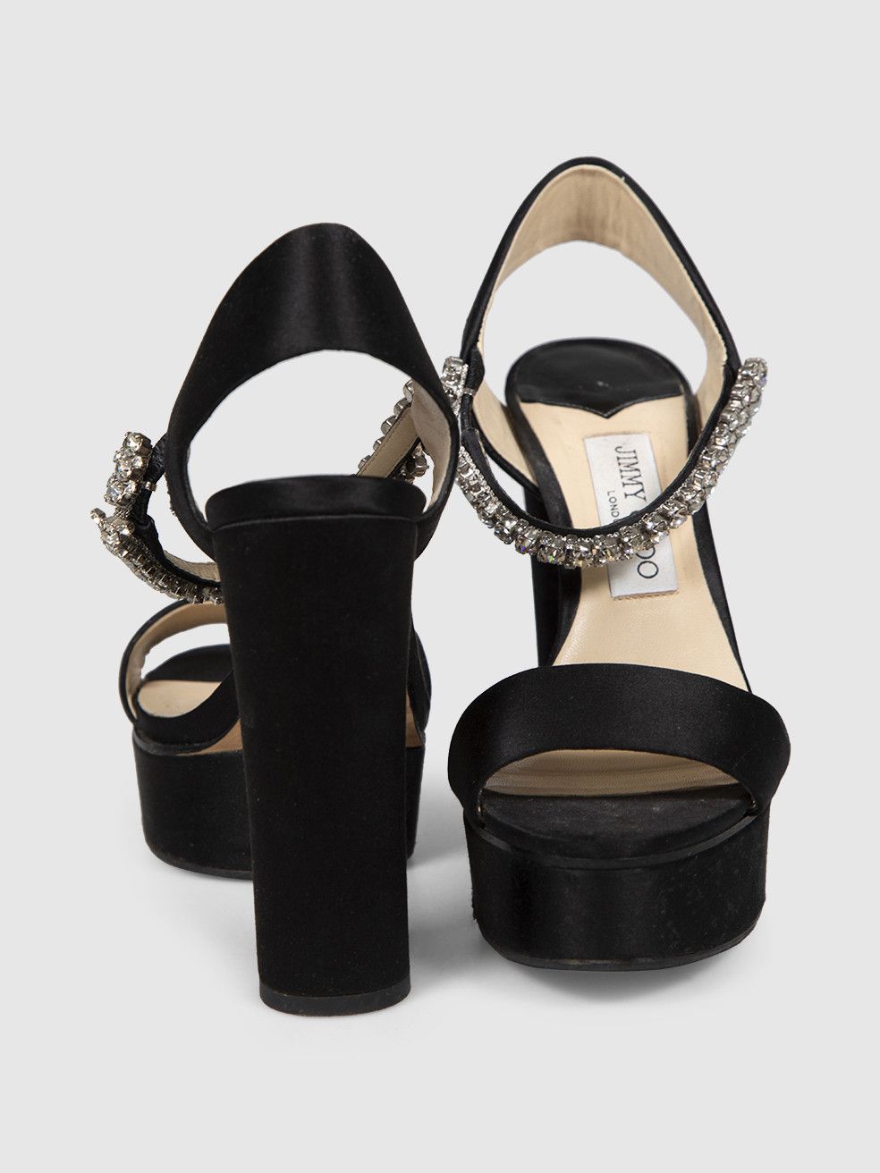 Jimmy Choo Black Satin Crystal Platform Sandals Size US 7.5 / IT 37.5 - 3 Thumbnail