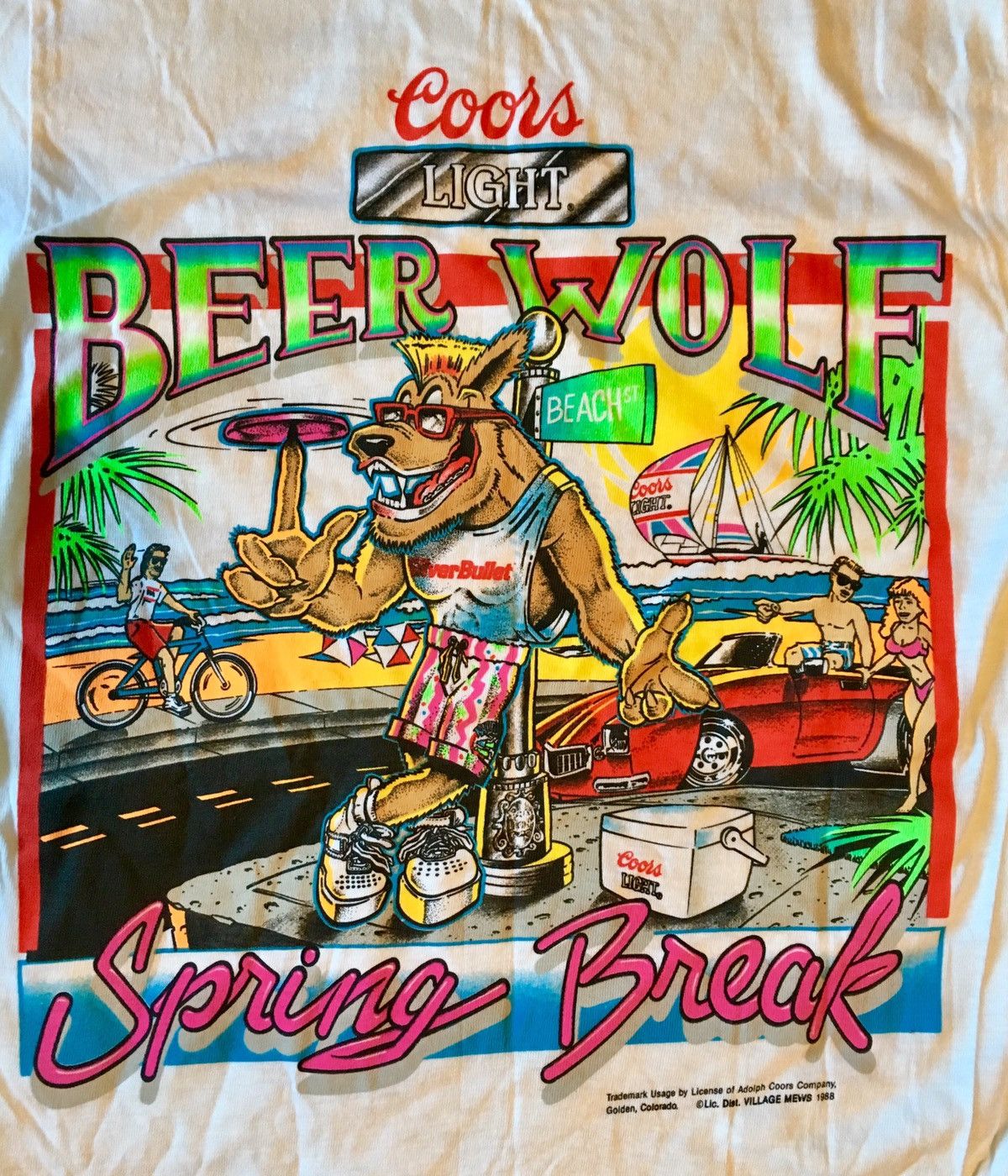 Coors Light Beer Wolf Neon Spring Break Florida T Shirt 1988